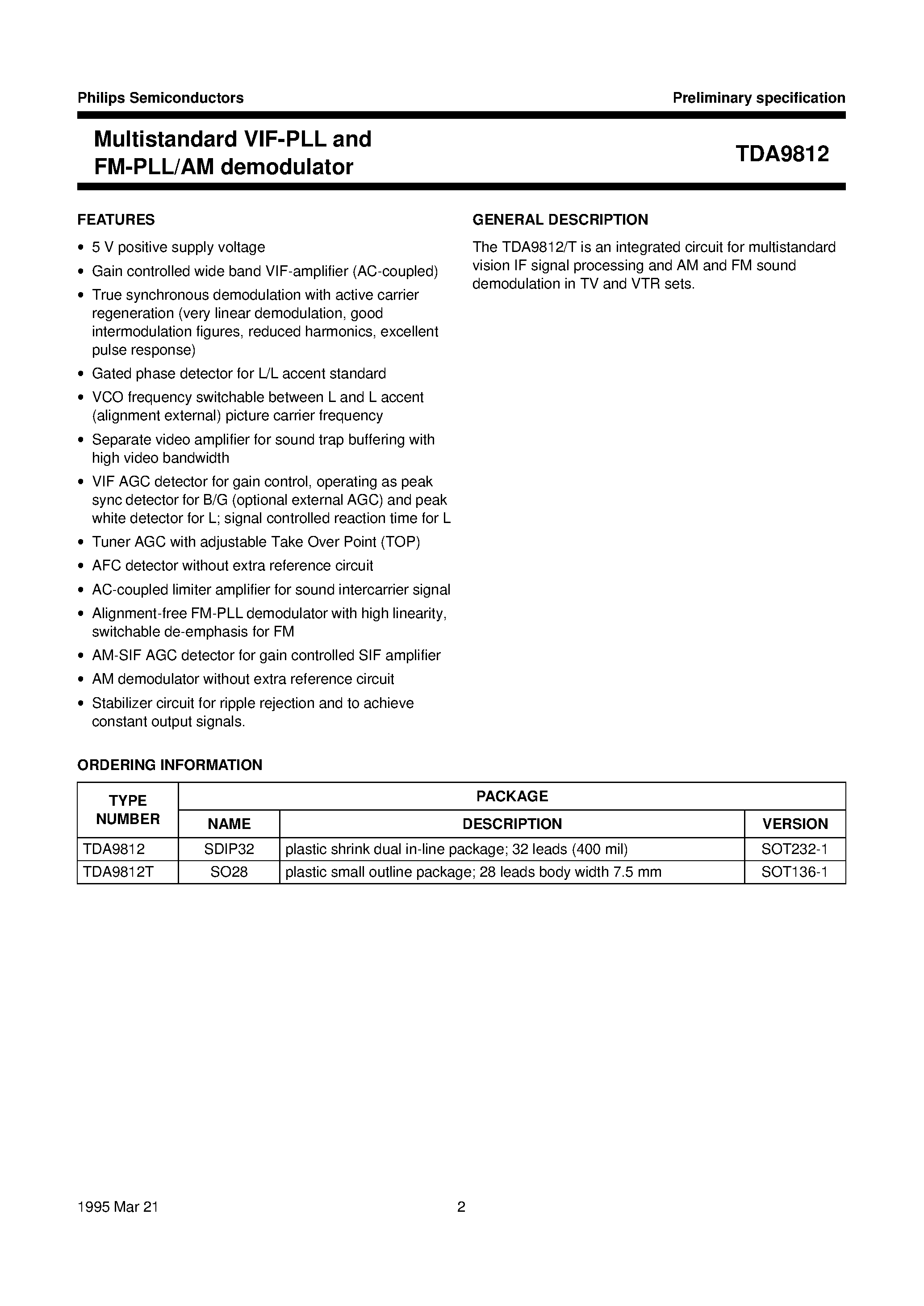 Даташит TDA9812 - Multistandard VIF-PLL and FM-PLL/AM demodulator страница 2