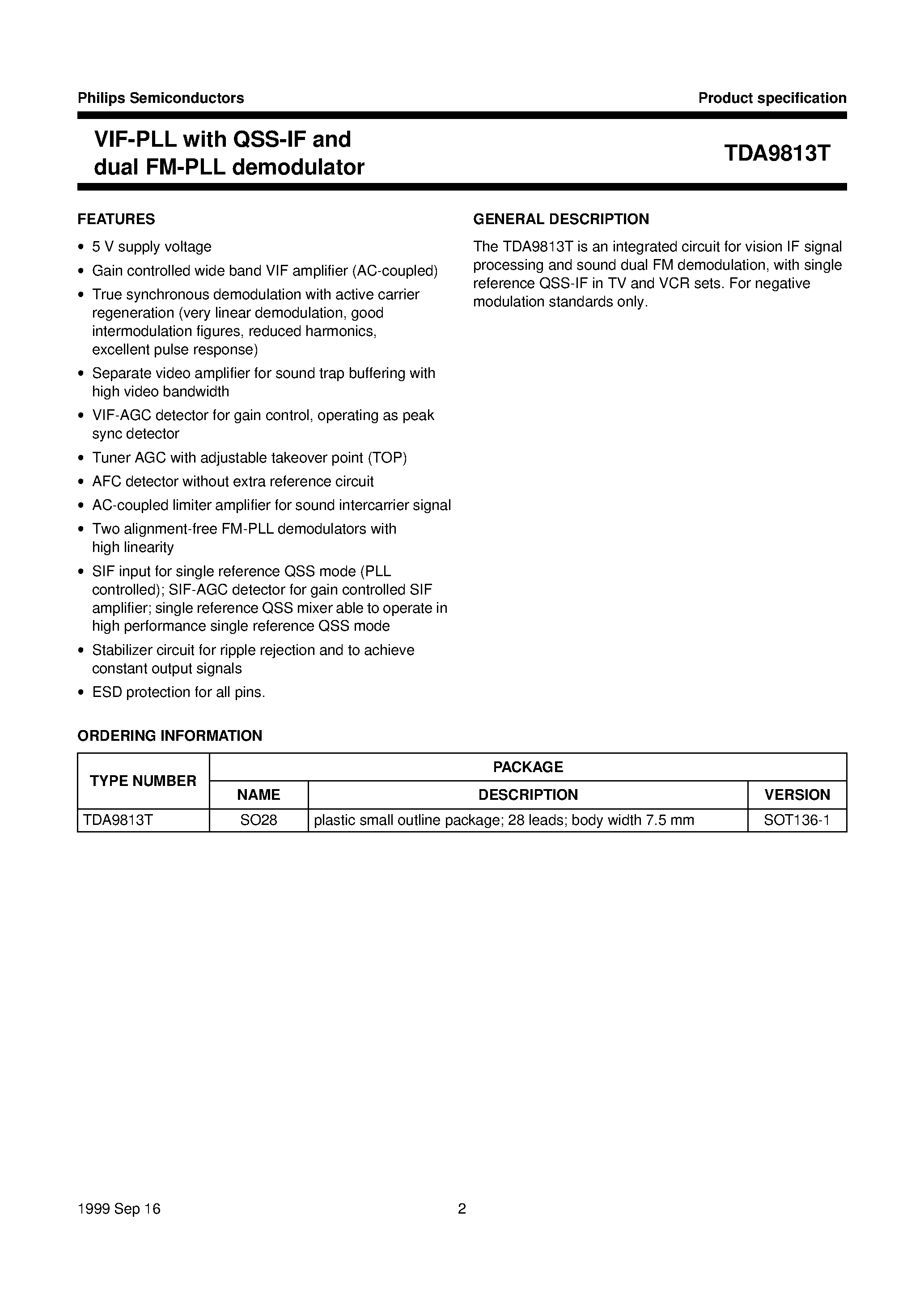 Даташит TDA9813T - VIF-PLL with QSS-IF and dual FM-PLL demodulator страница 2