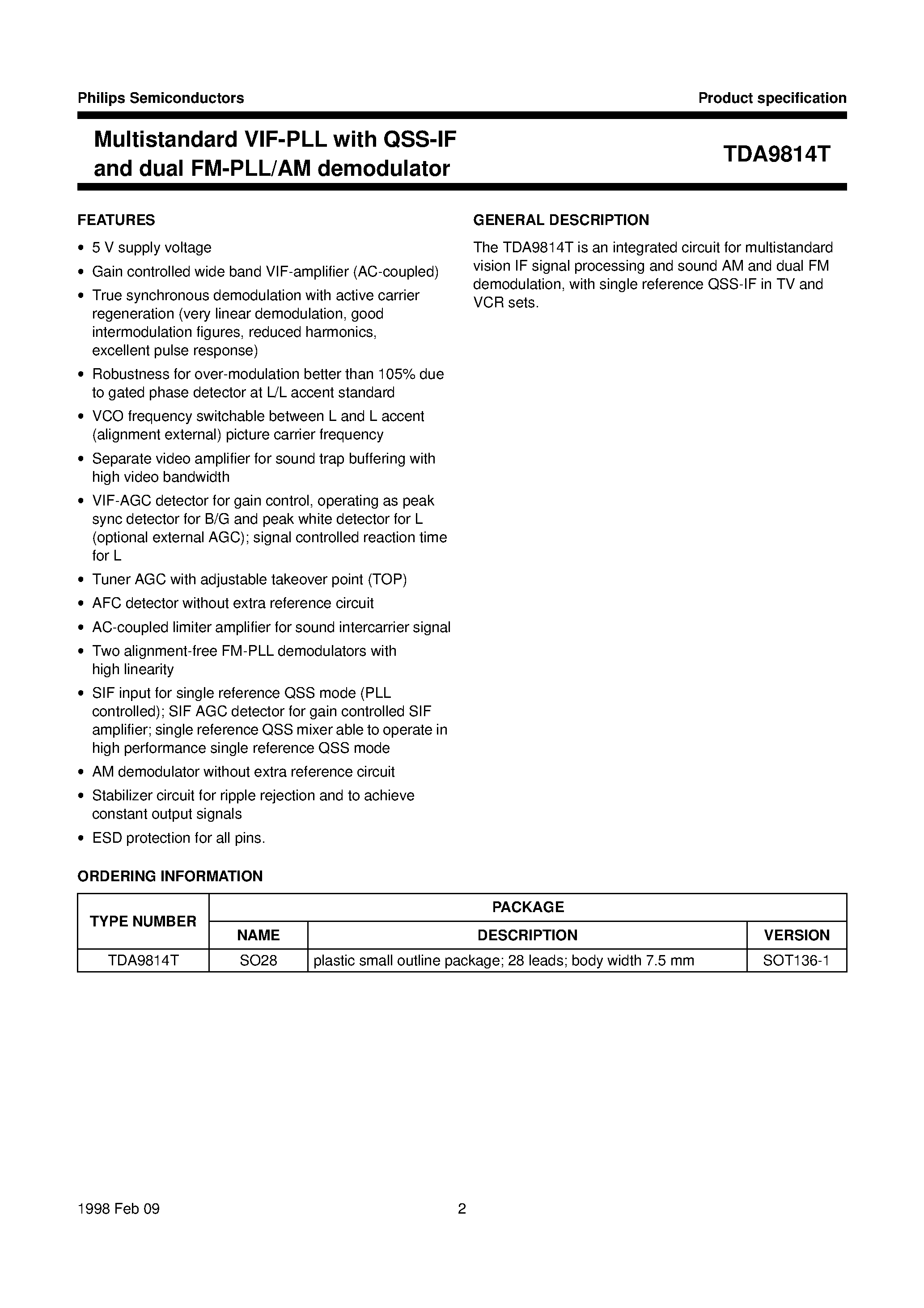 Даташит TDA9814T - Multistandard VIF-PLL with QSS-IF and dual FM-PLL/AM demodulator страница 2