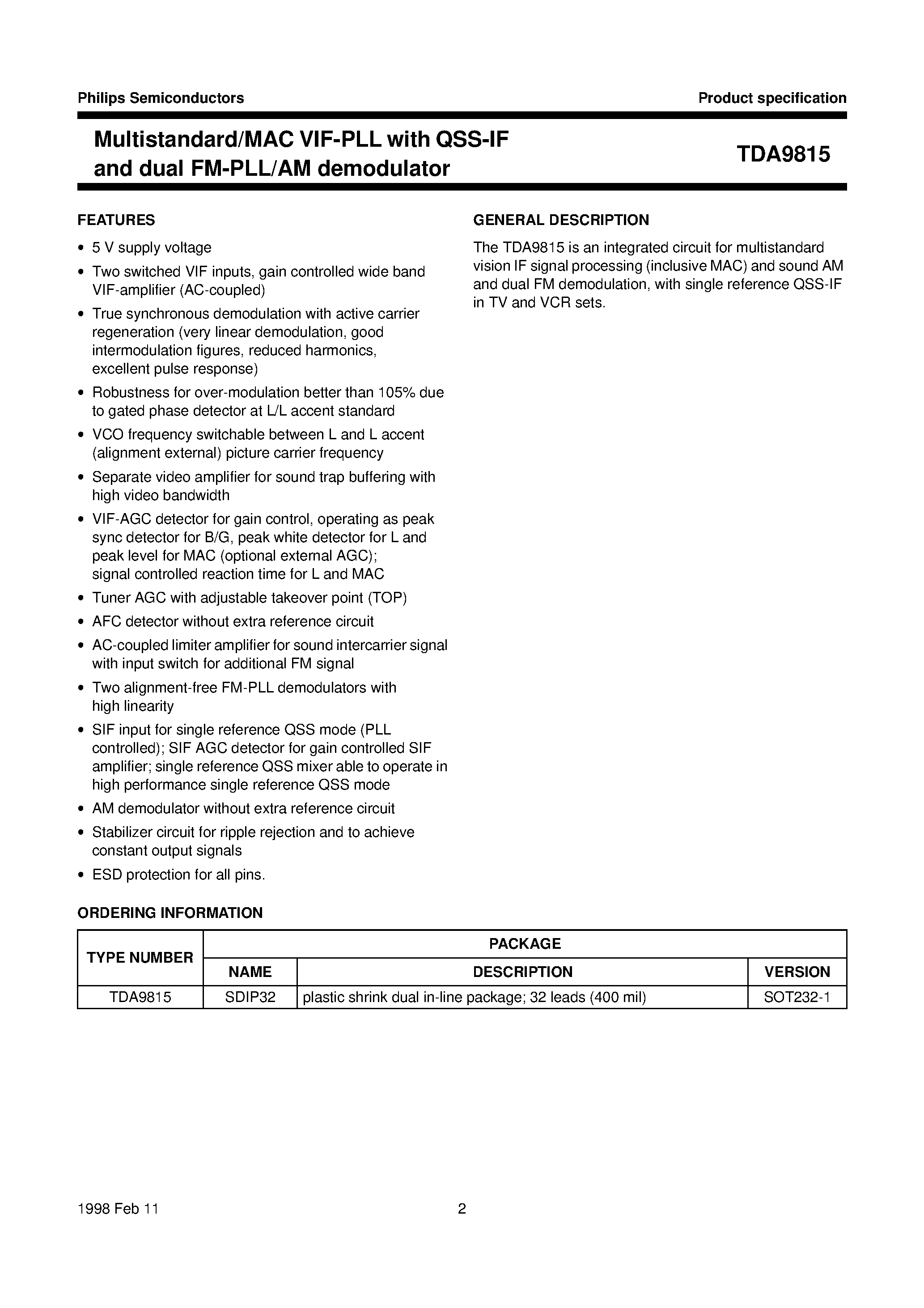 Даташит TDA9815 - Multistandard/MAC VIF-PLL with QSS-IF and dual FM-PLL/AM demodulator страница 2