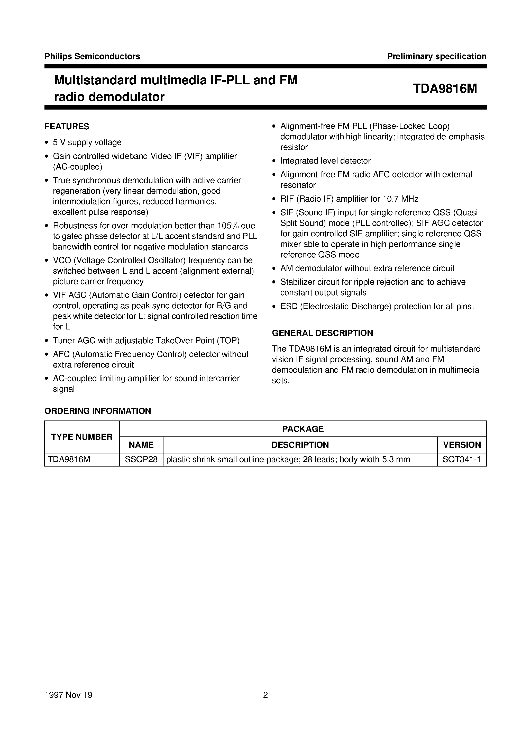 Даташит TDA9816M - Multistandard multimedia IF-PLL and FM radio demodulator страница 2