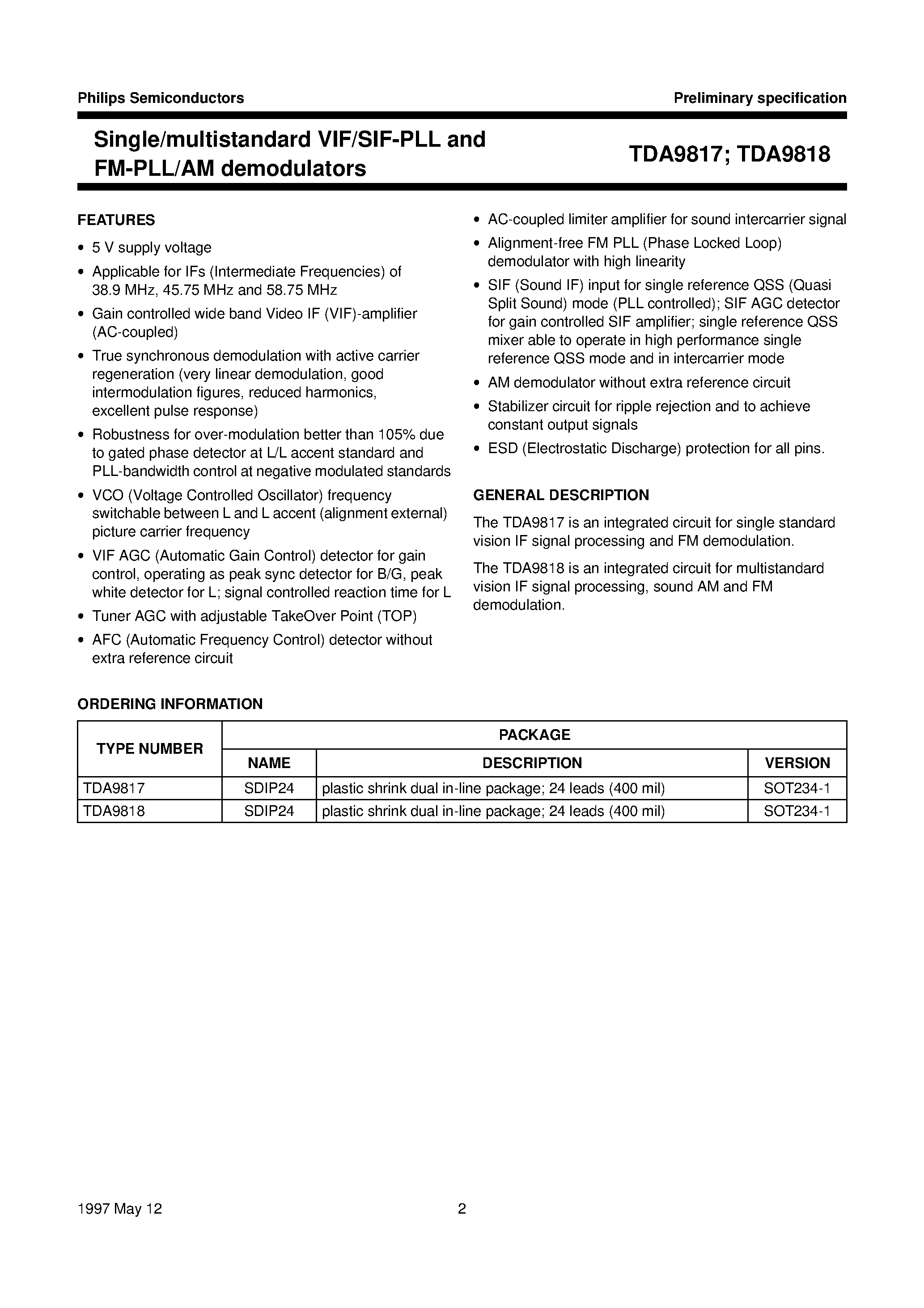 Даташит TDA9817 - Single/multistandard VIF/SIF-PLL and FM-PLL/AM demodulators страница 2