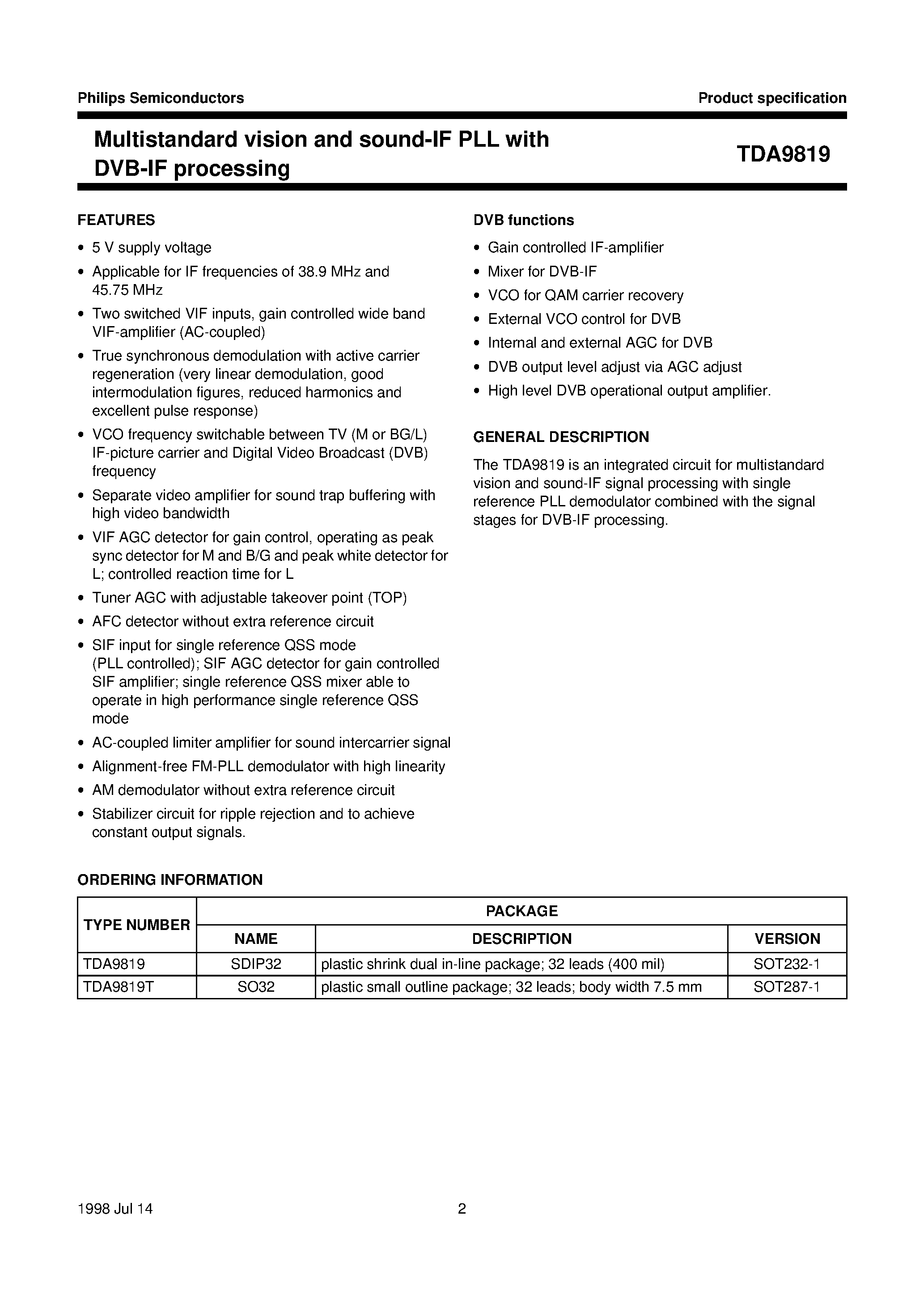 Даташит TDA9819 - Multistandard vision and sound-IF PLL with DVB-IF processing страница 2