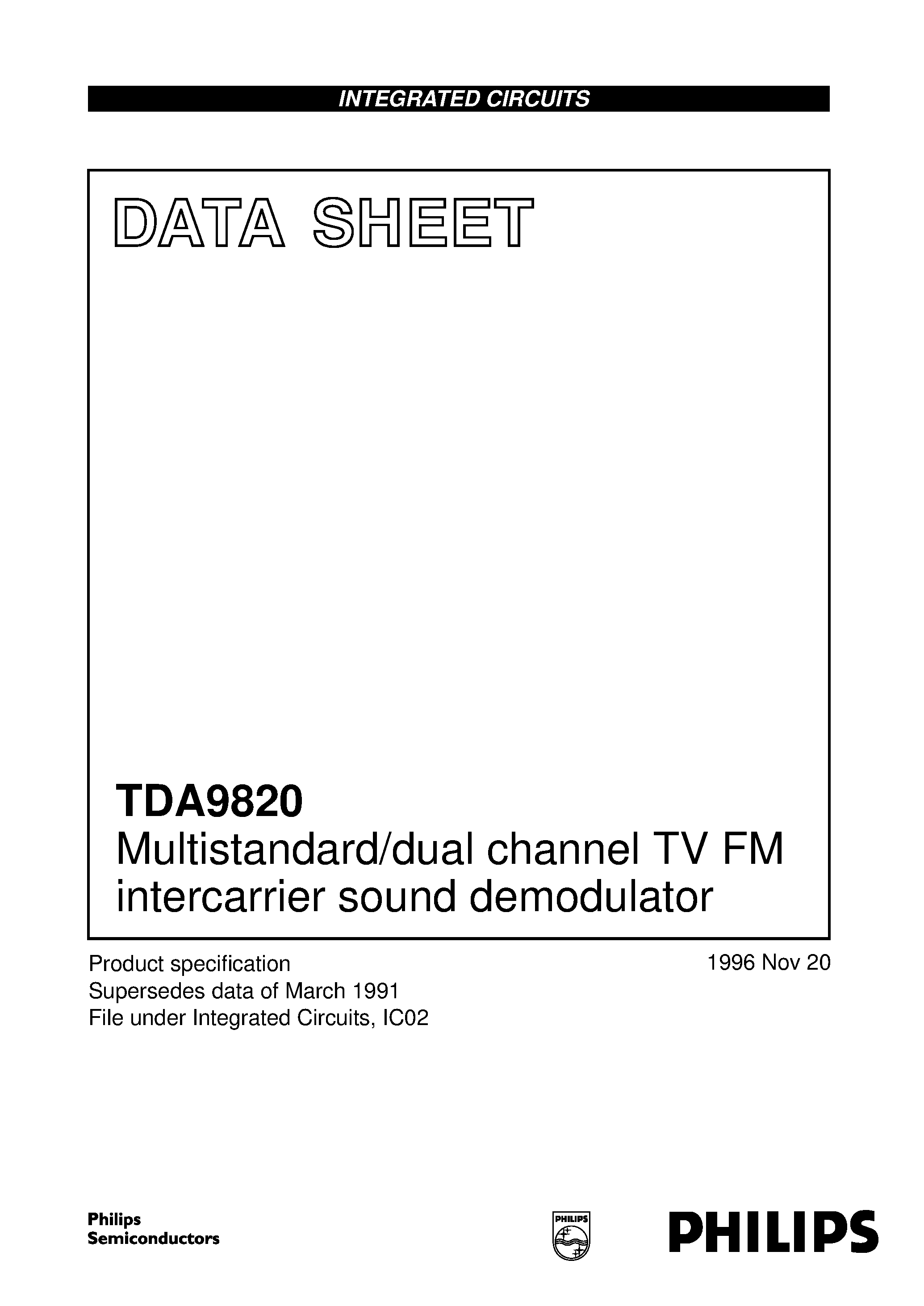 Даташит TDA9820 - Multistandard/dual channel TV FM intercarrier sound demodulator страница 1