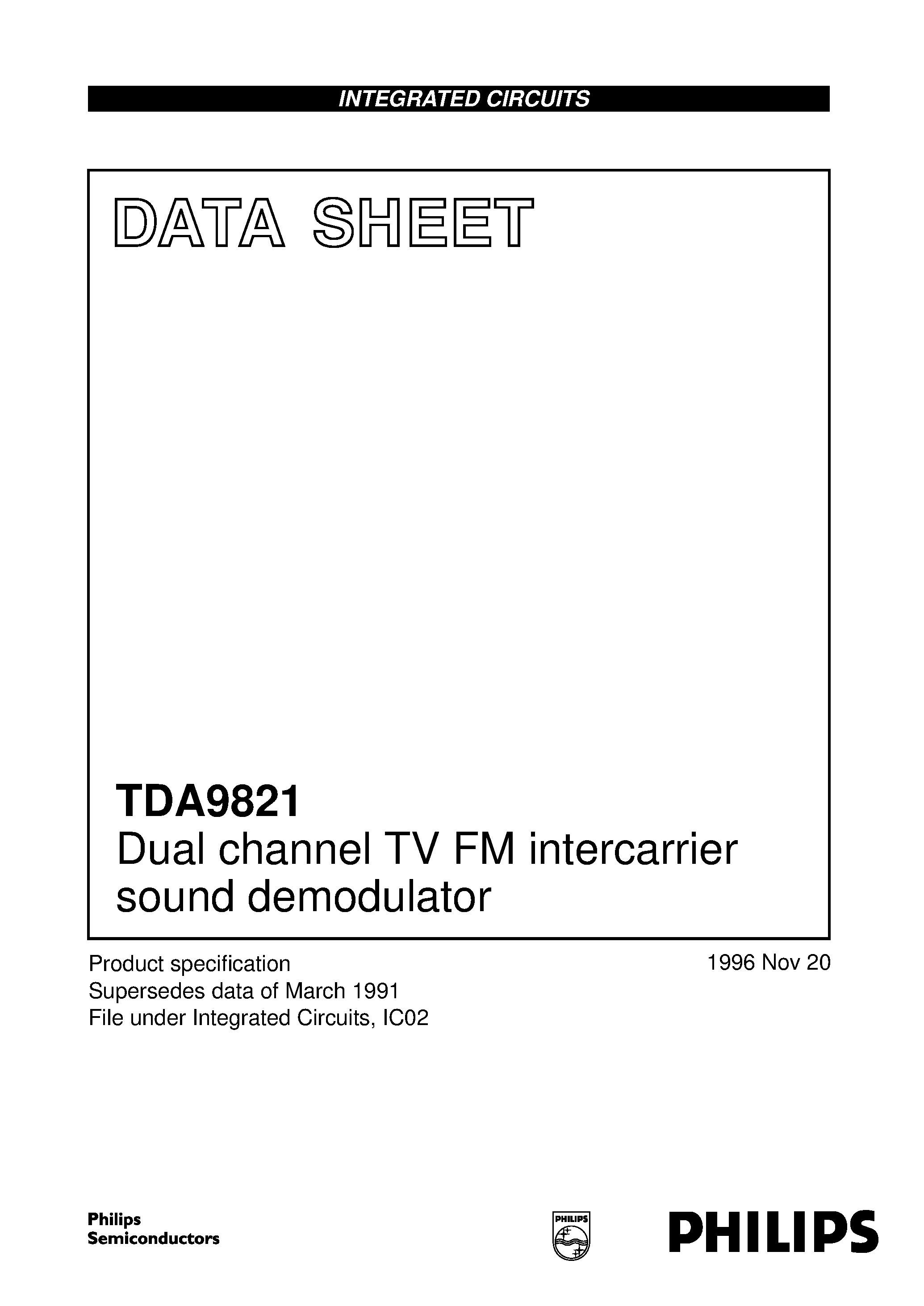 Даташит TDA9821 - Dual channel TV FM intercarrier sound demodulator страница 1