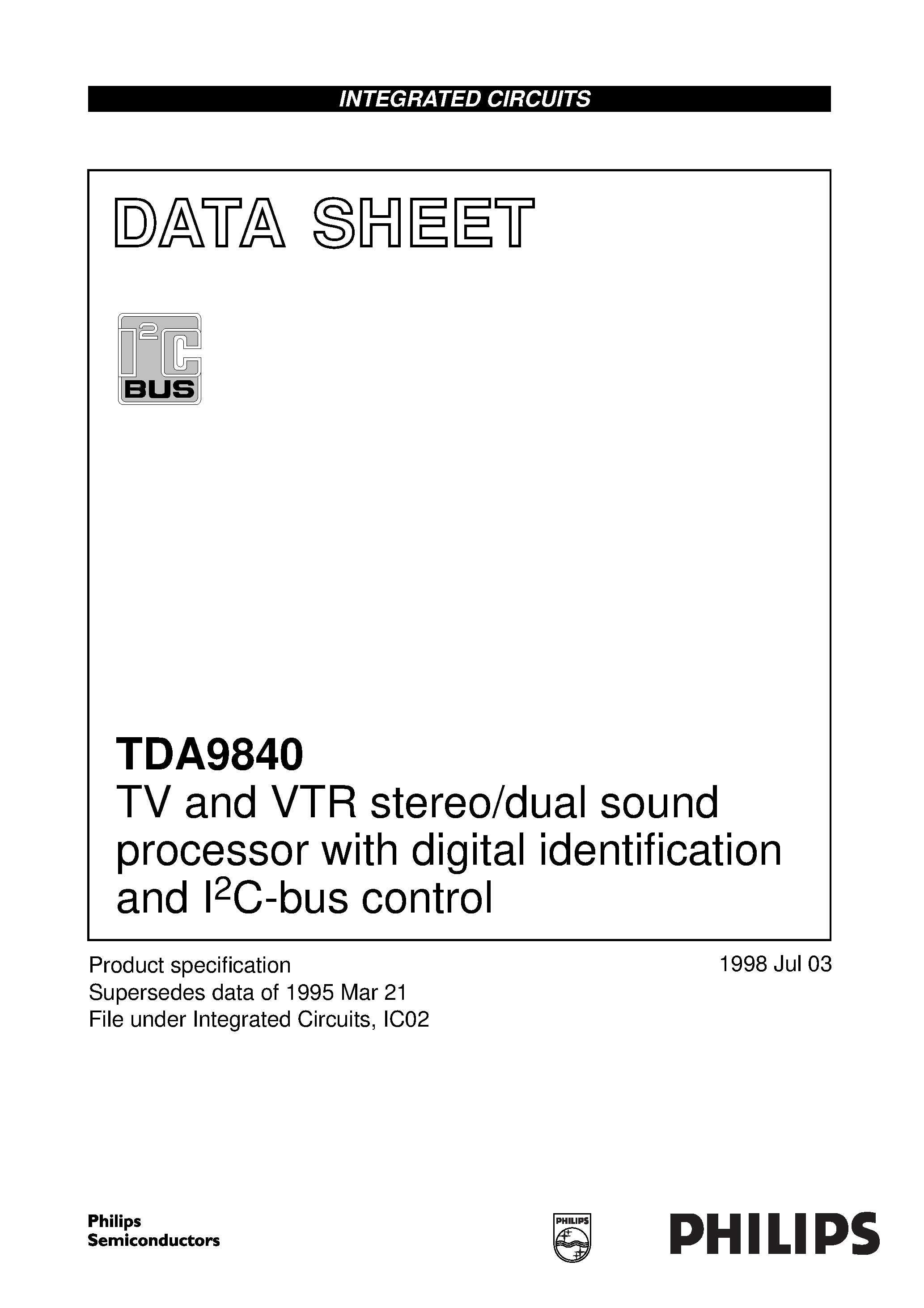 Даташит TDA9840 - TV and VTR stereo/dual sound processor with digital identification and I2C-bus control страница 1