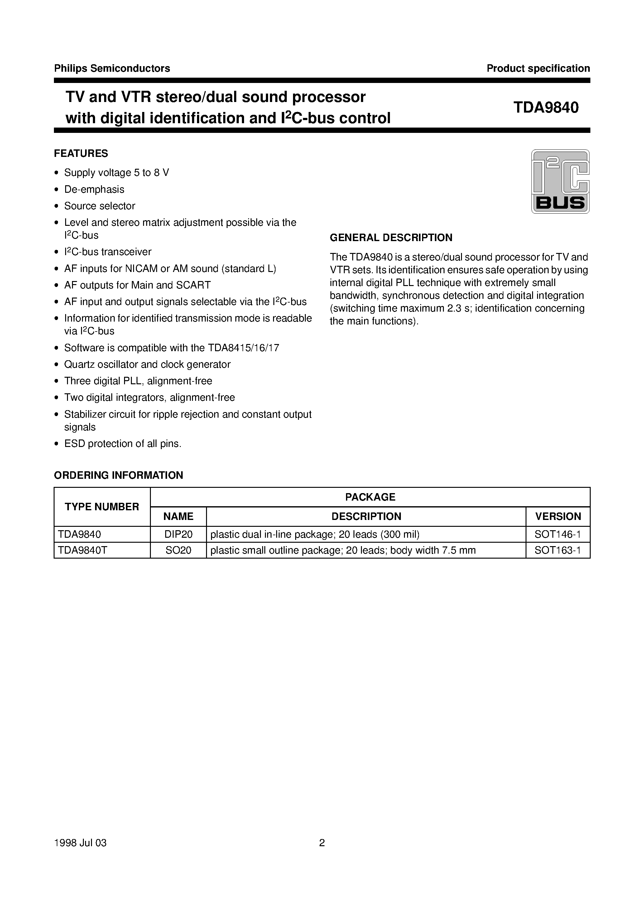 Даташит TDA9840 - TV and VTR stereo/dual sound processor with digital identification and I2C-bus control страница 2