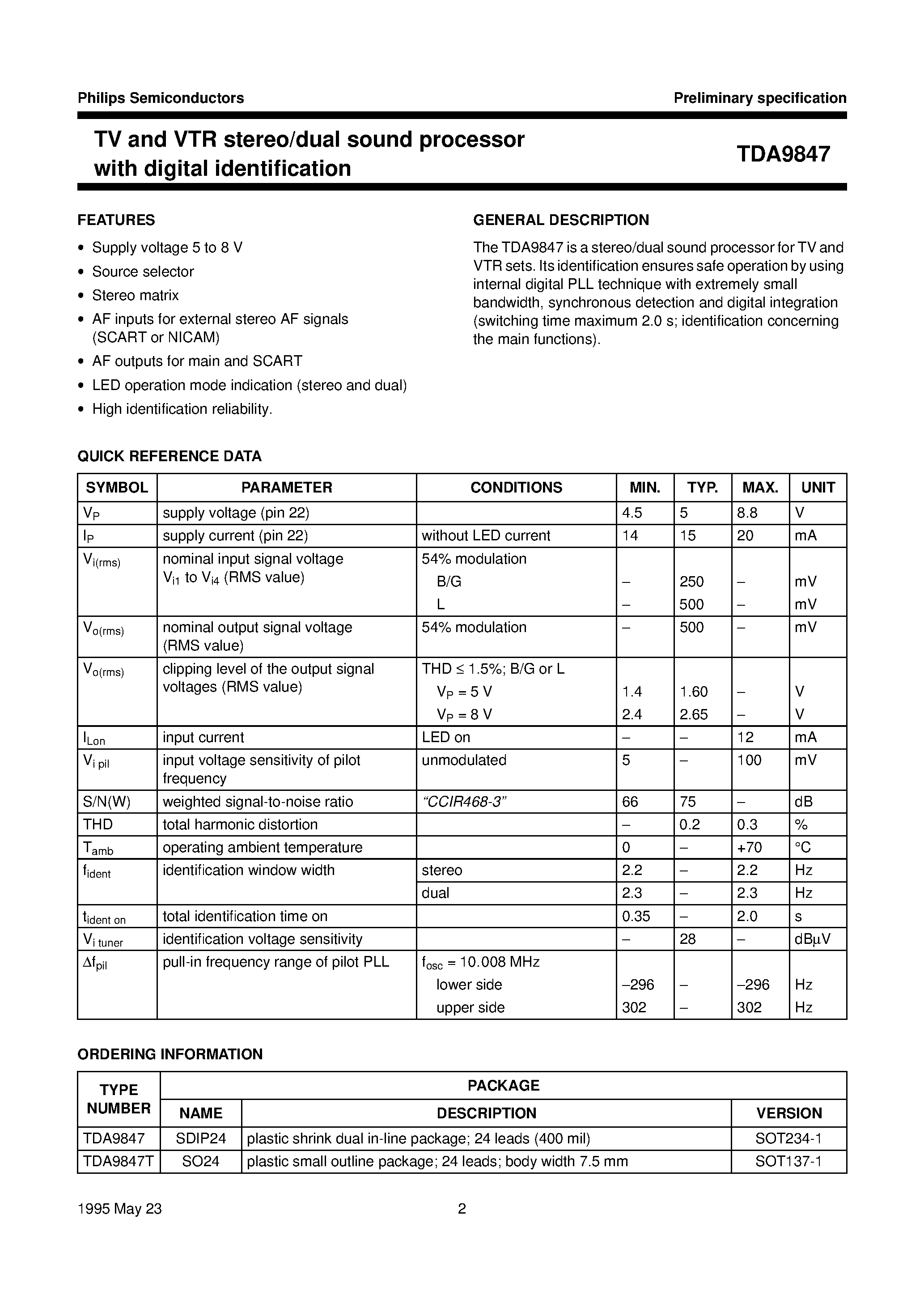 Даташит TDA9847T - TV and VTR stereo/dual sound processor with digital identification страница 2