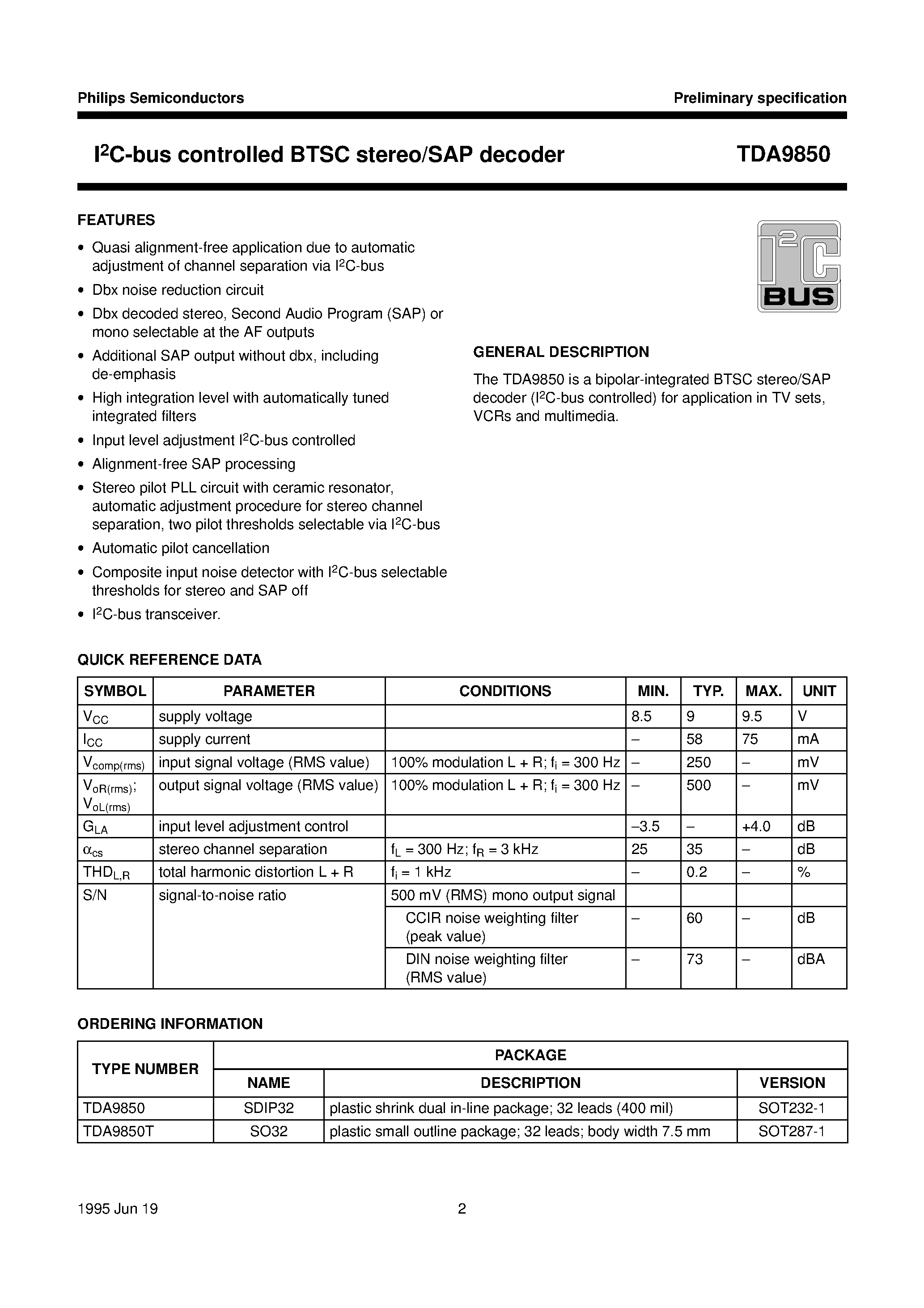 Даташит TDA9850 - I2C-bus controlled BTSC stereo/SAP decoder страница 2