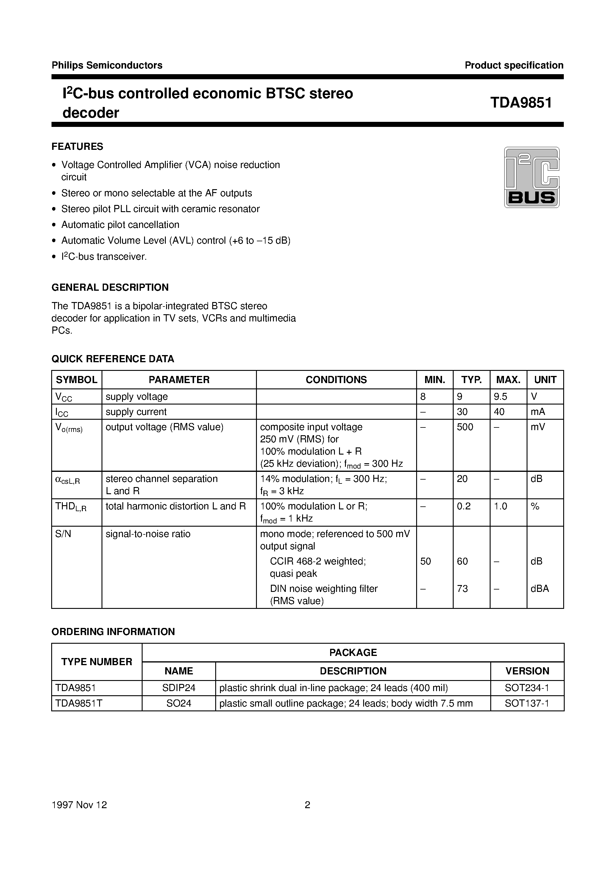 Даташит TDA9851 - I2C-bus controlled economic BTSC stereo decoder страница 2