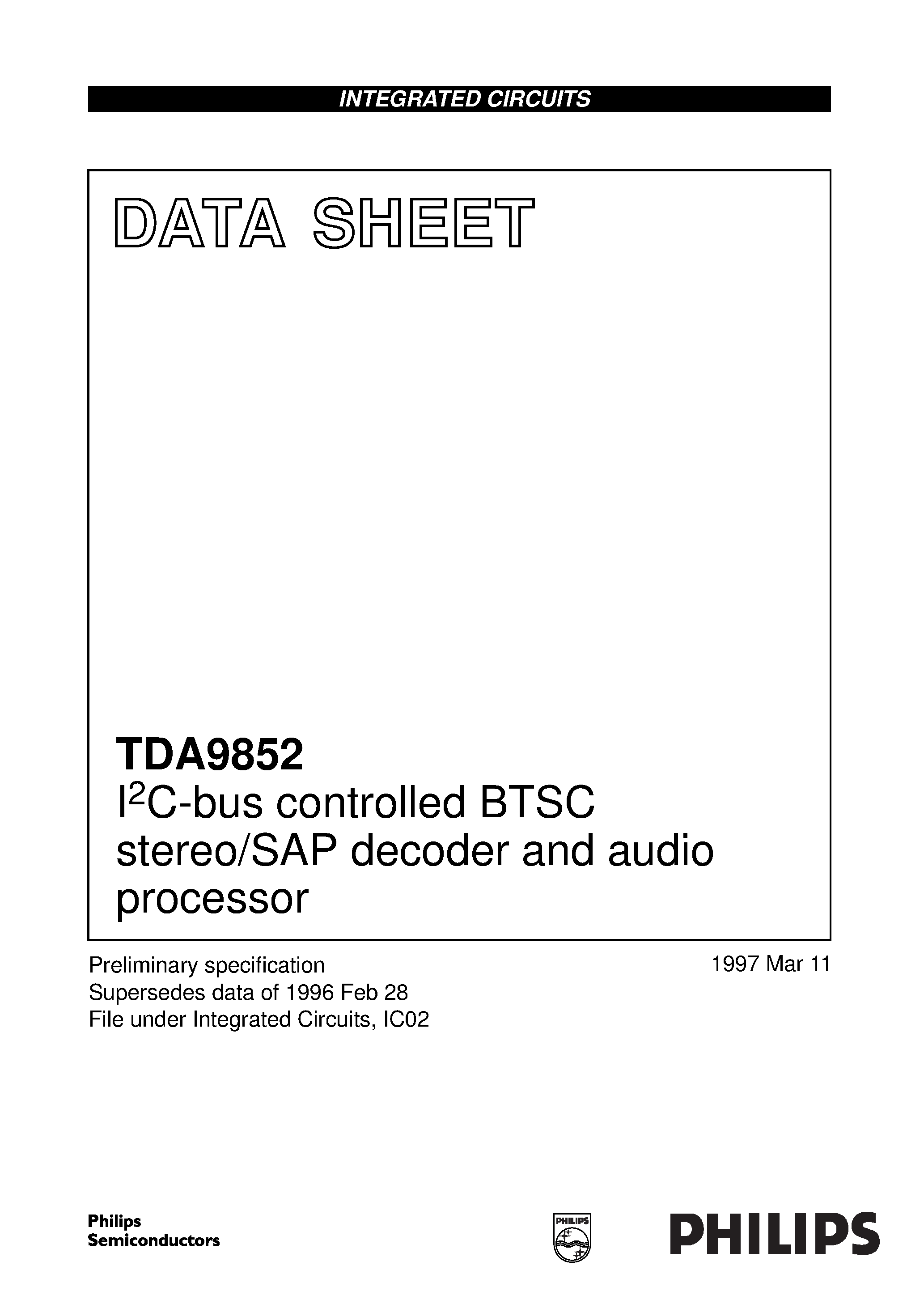 Даташит TDA9852 - I2C-bus controlled BTSC stereo/SAP decoder and audio processor страница 1