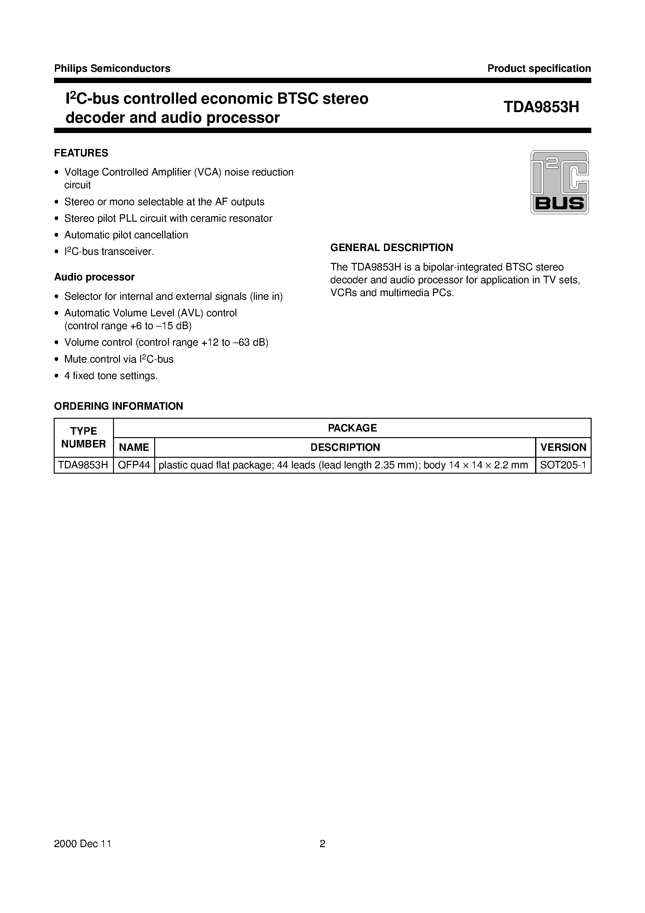 Даташит TDA9853H - I2C-bus controlled economic BTSC stereo decoder and audio processor страница 2