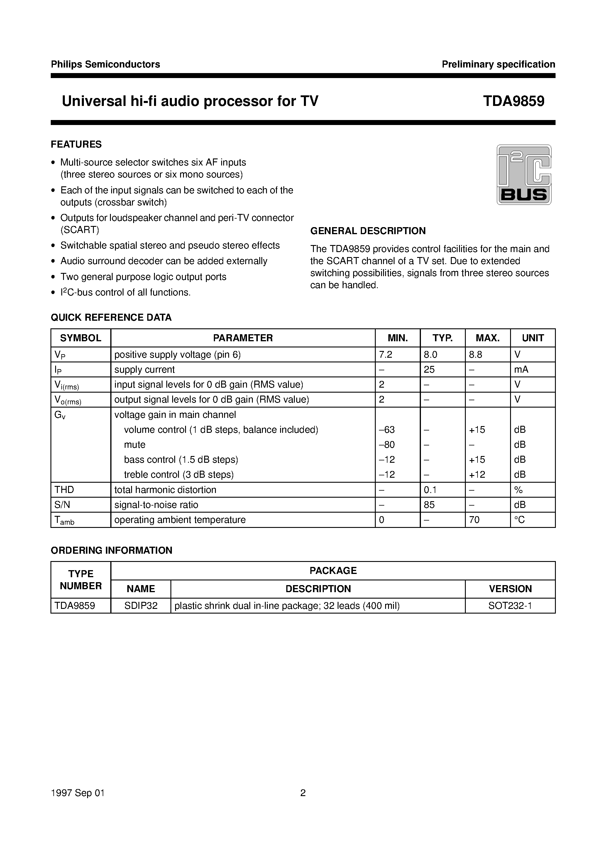 Даташит TDA9859 - Universal hi-fi audio processor for TV страница 2