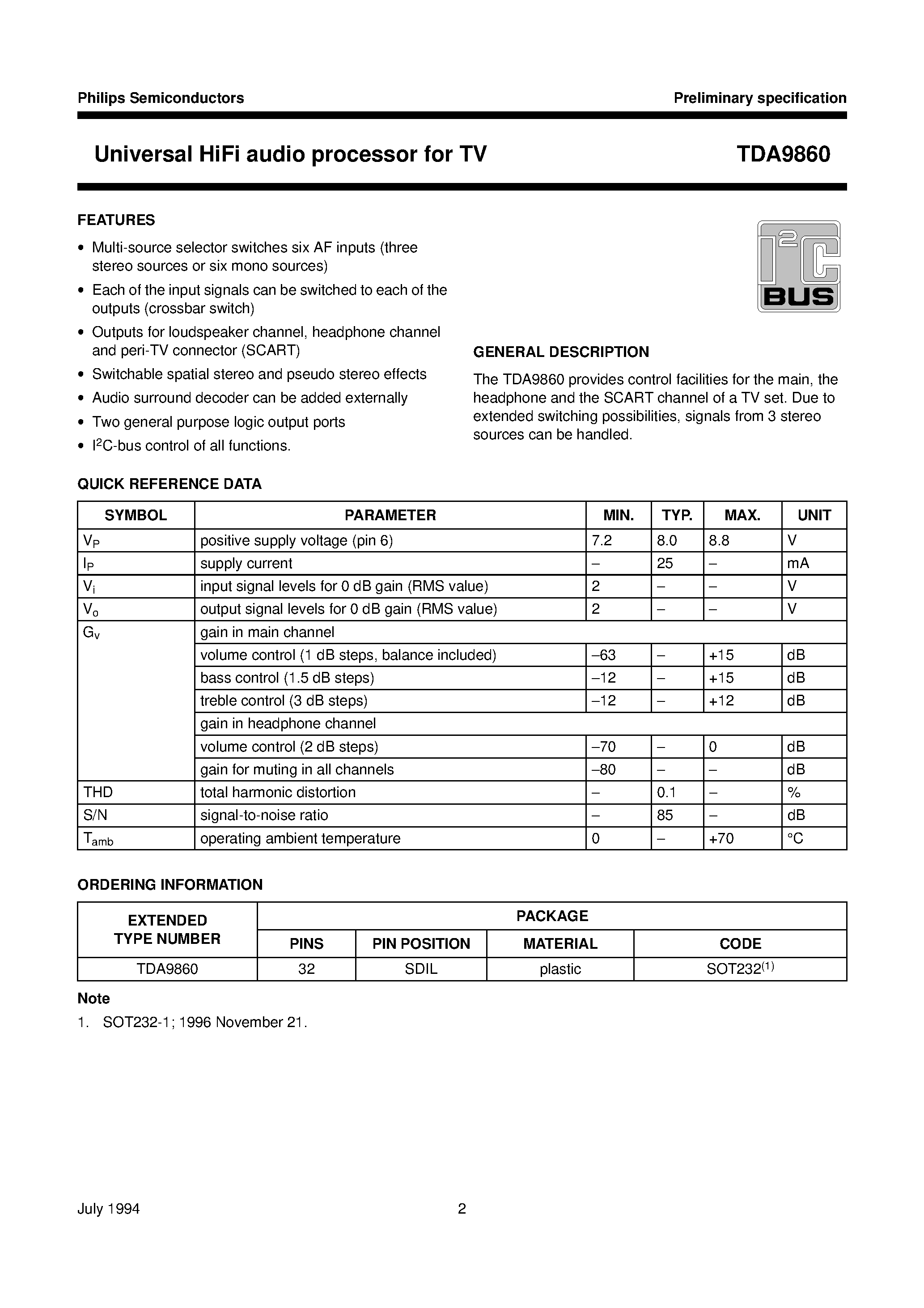 Даташит TDA9860 - Universal HiFi audio processor for TV страница 2