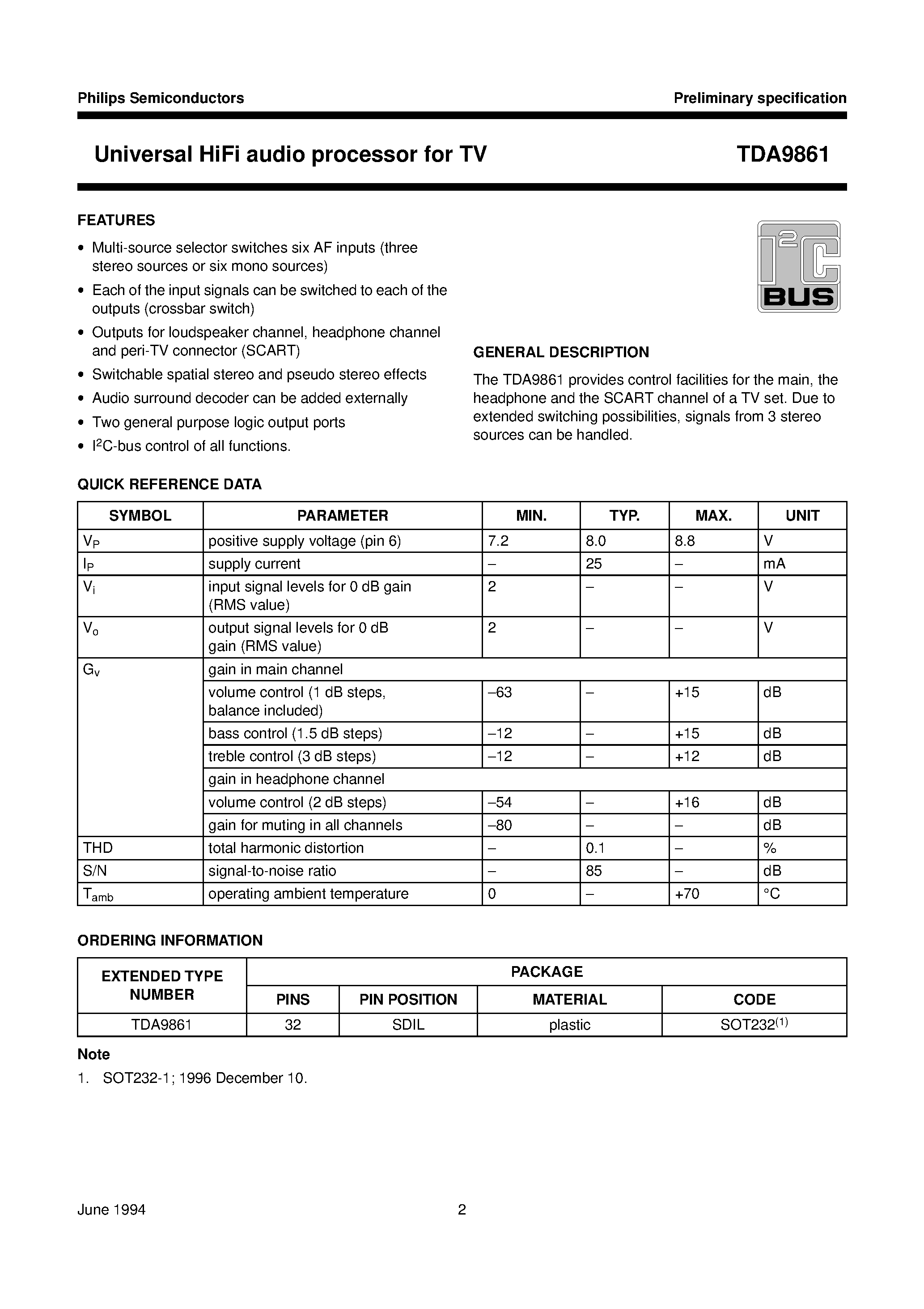 Даташит TDA9861 - Universal HiFi audio processor for TV страница 2