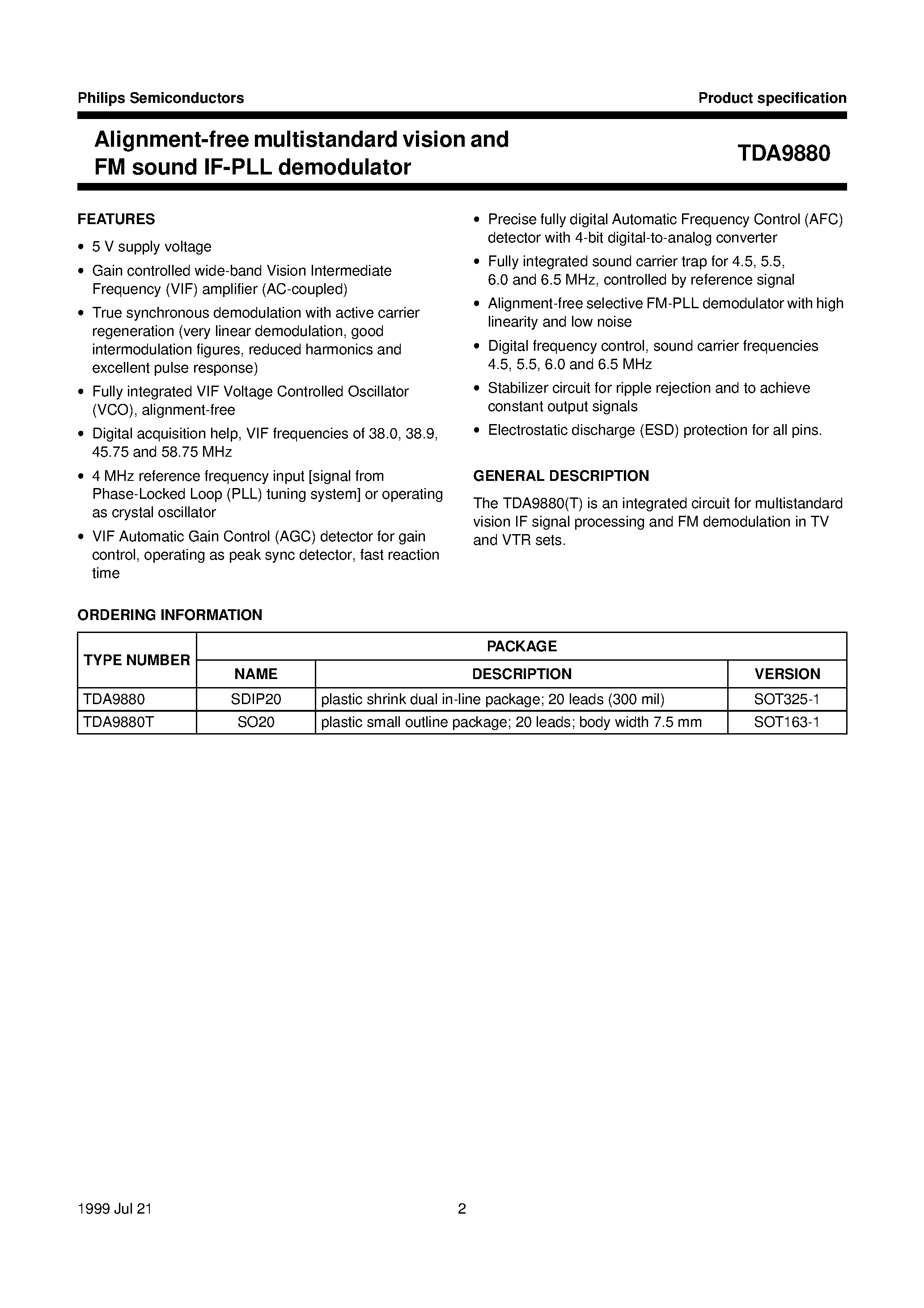 Даташит TDA9880T - Alignment-free multistandard vision and FM sound IF-PLL demodulator страница 2