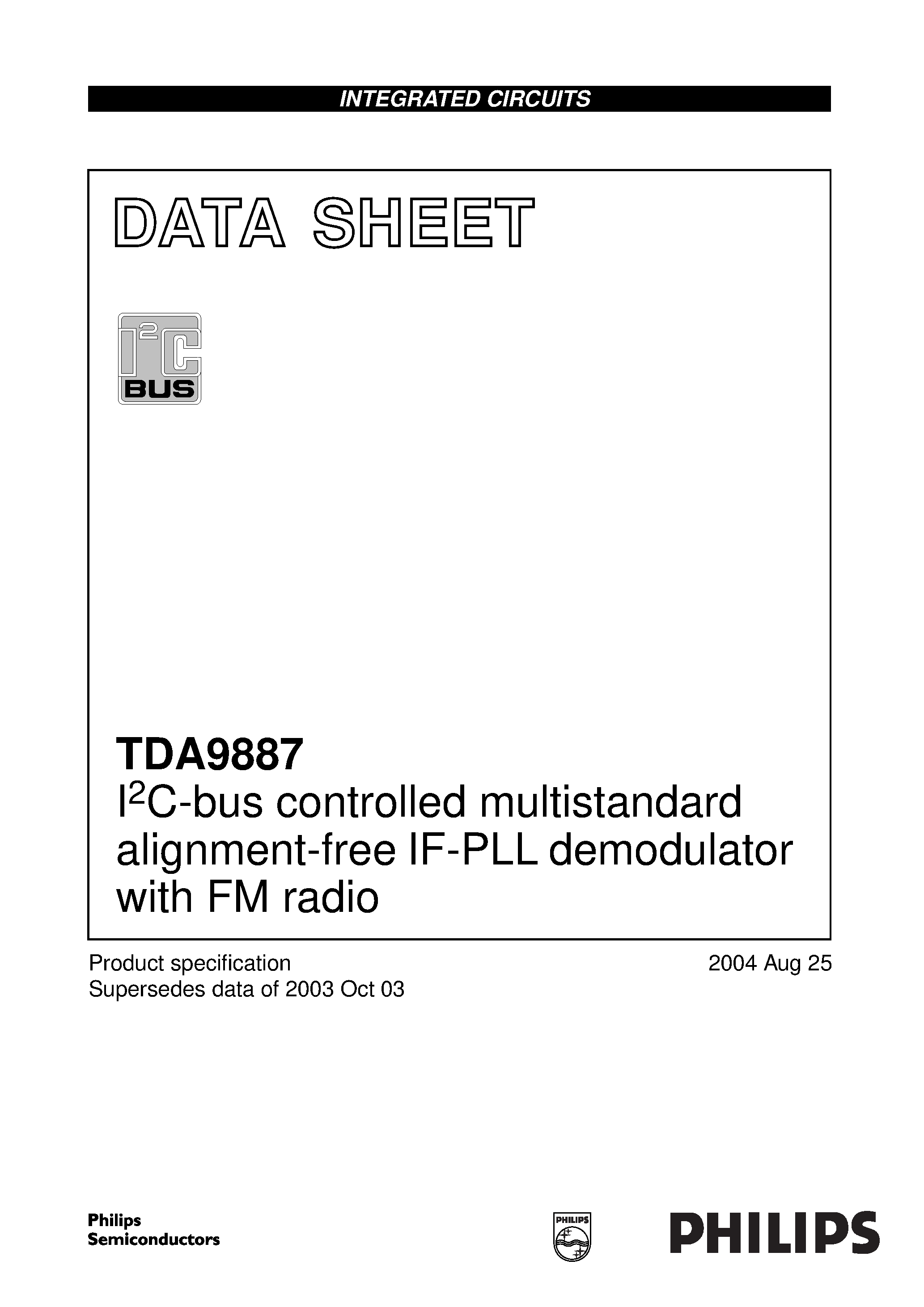 Даташит TDA9887T/V4 - I2C-bus controlled multistandard alignment-free IF-PLL demodulator with FM radio страница 1