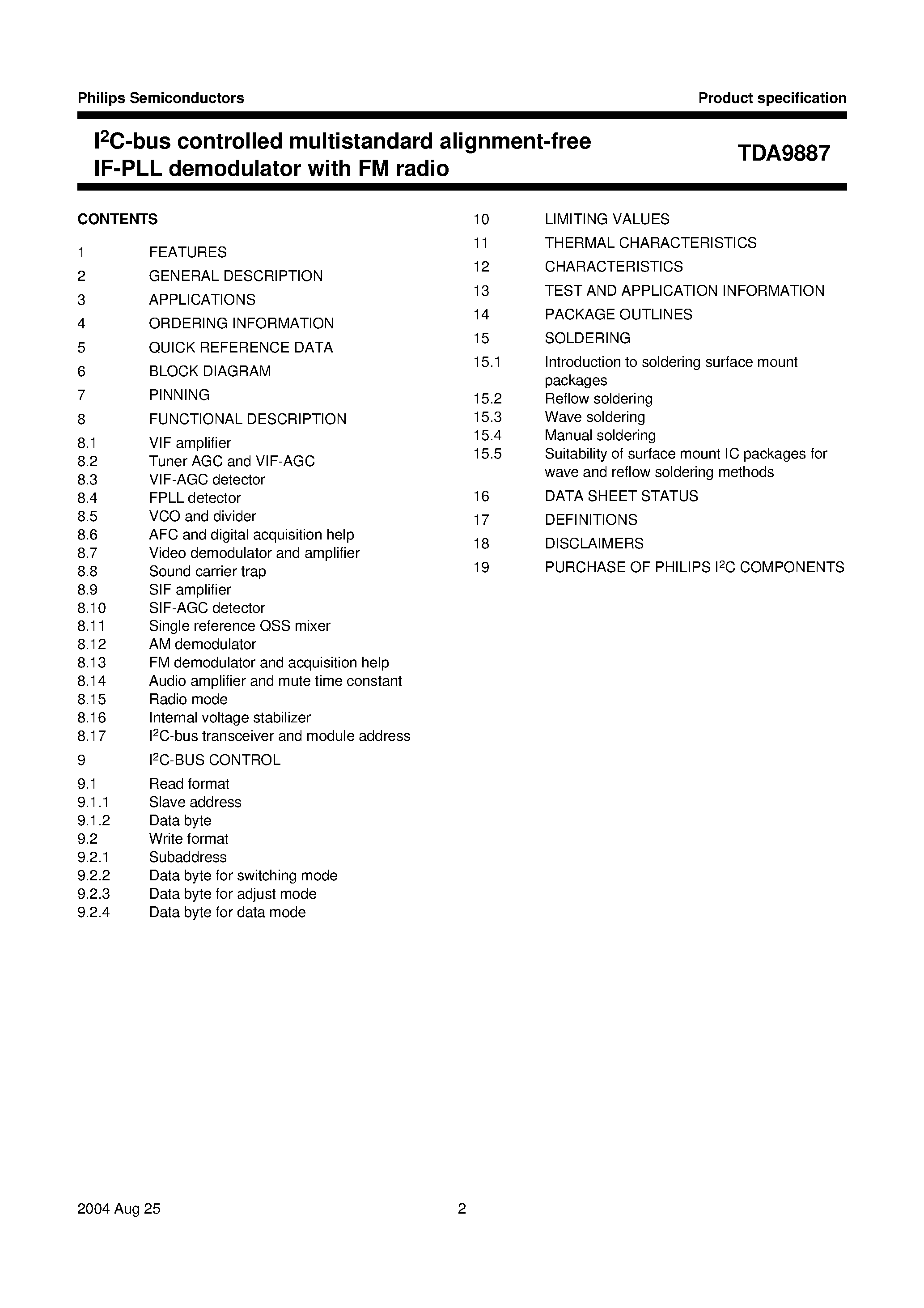 Даташит TDA9887T/V4 - I2C-bus controlled multistandard alignment-free IF-PLL demodulator with FM radio страница 2