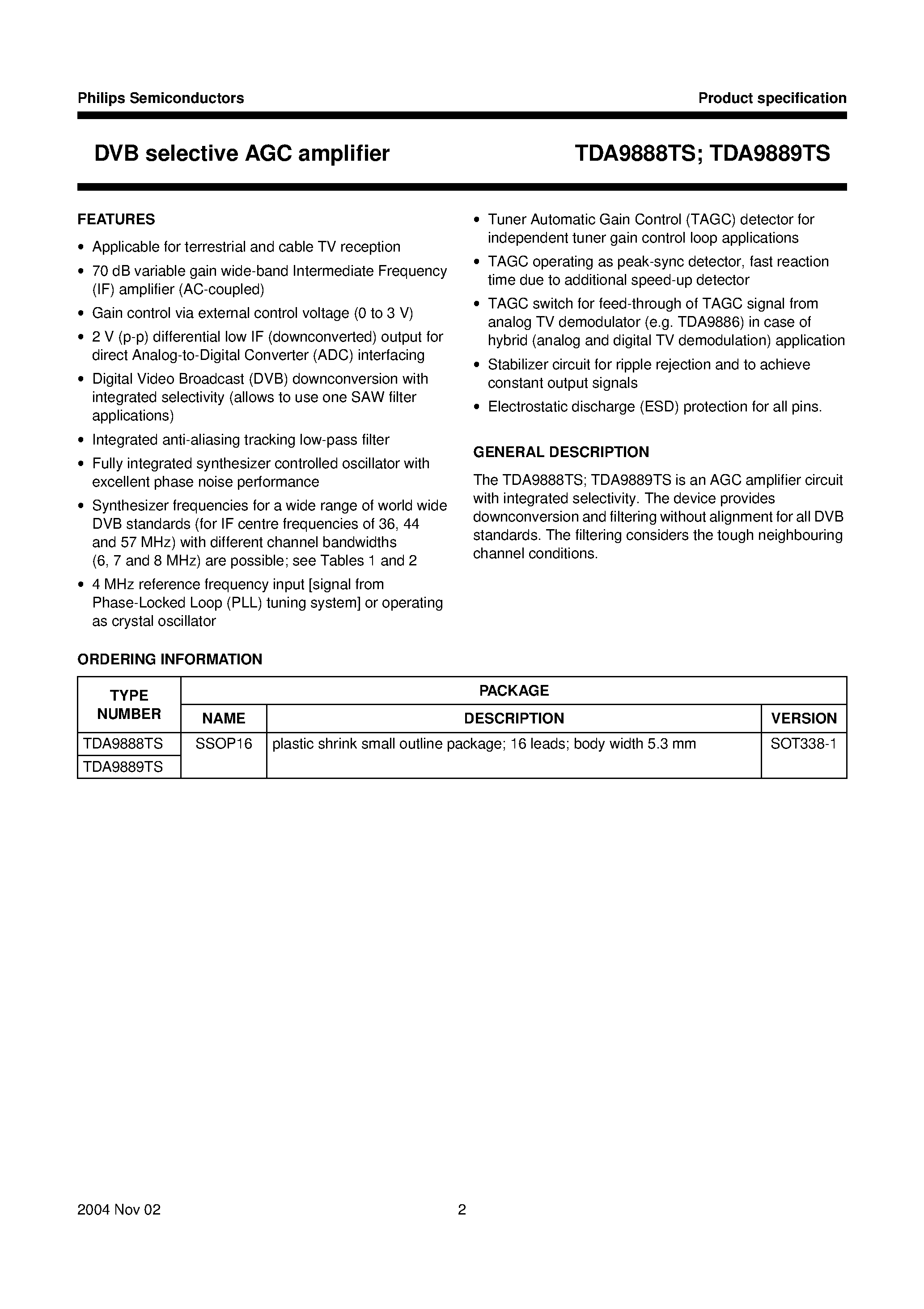 Даташит TDA9888TS - DVB selective AGC amplifier страница 2