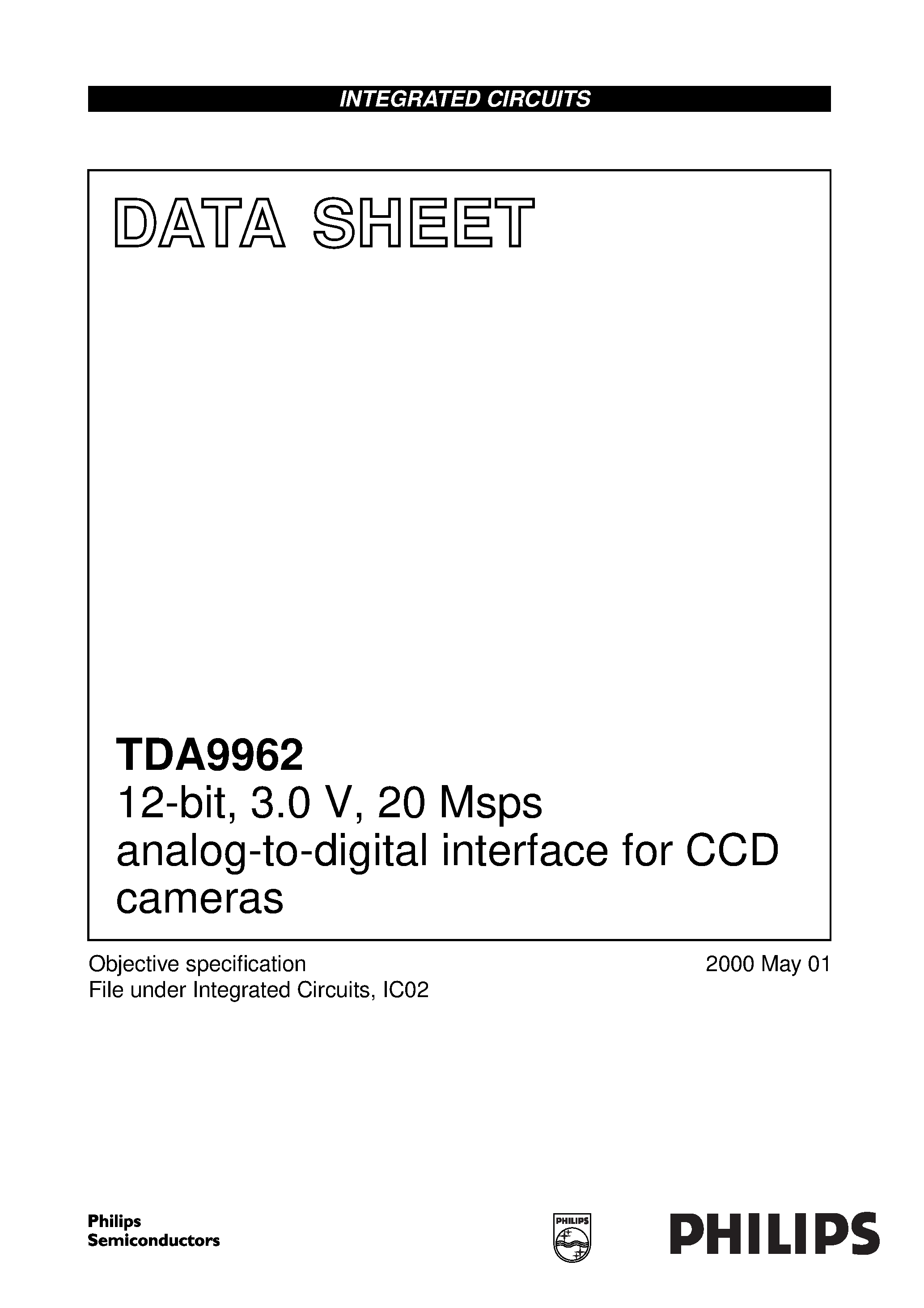 Даташит TDA9962 - 12-bit/ 3.0 V/ 20 Msps analog-to-digital interface for CCD cameras страница 1