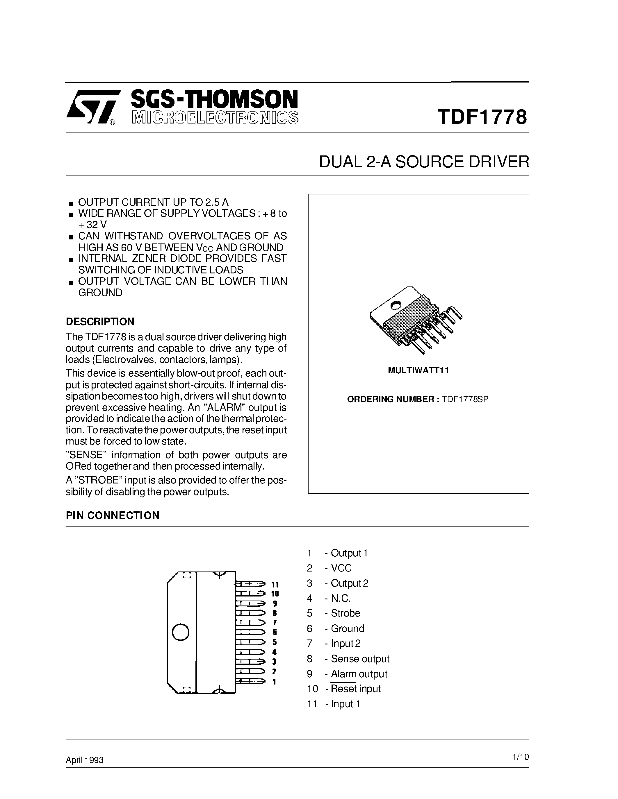 Даташит TDF1778 - DUAL 2-A SOURCE DRIVER страница 1