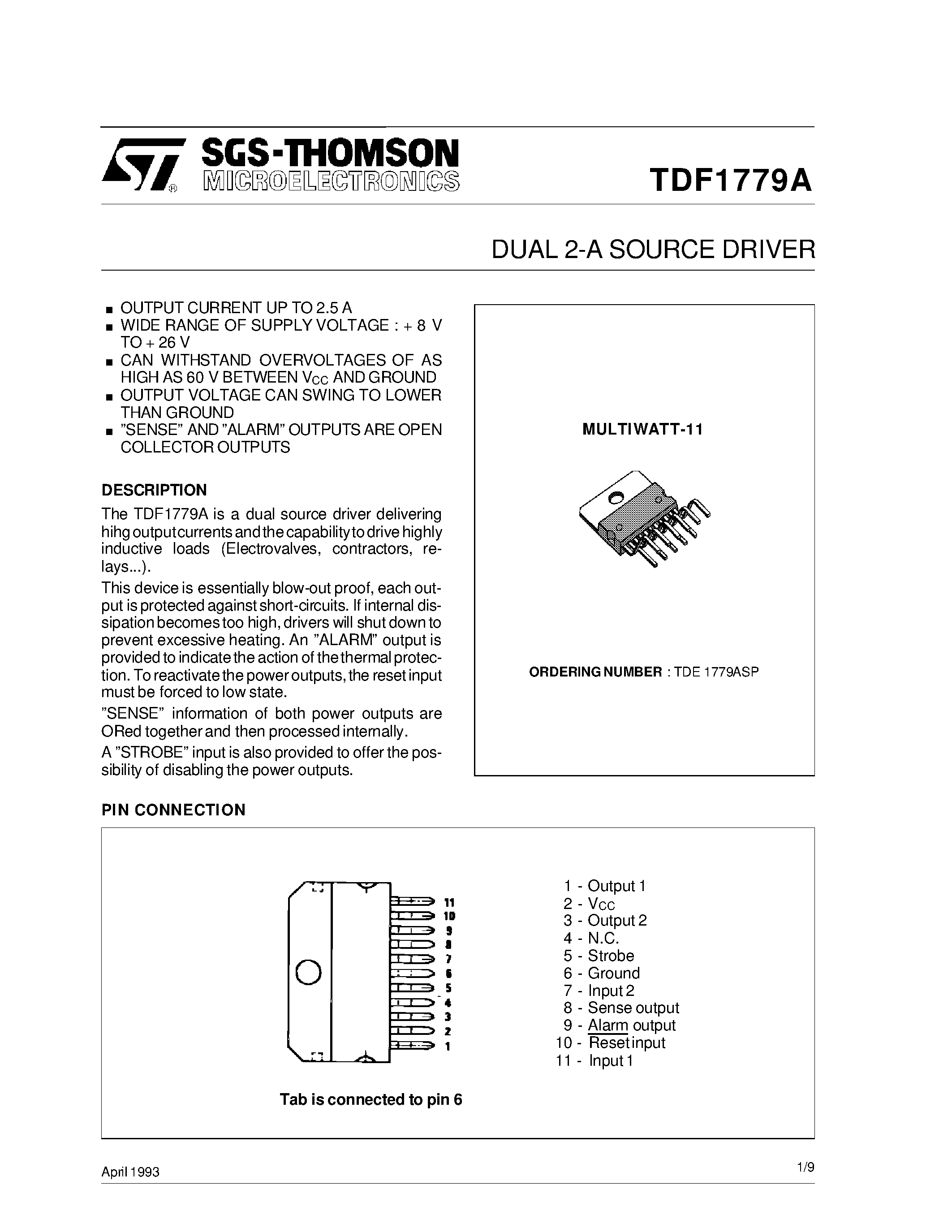 Даташит TDF1779 - DUAL 2-A SOURCE DRIVER страница 1