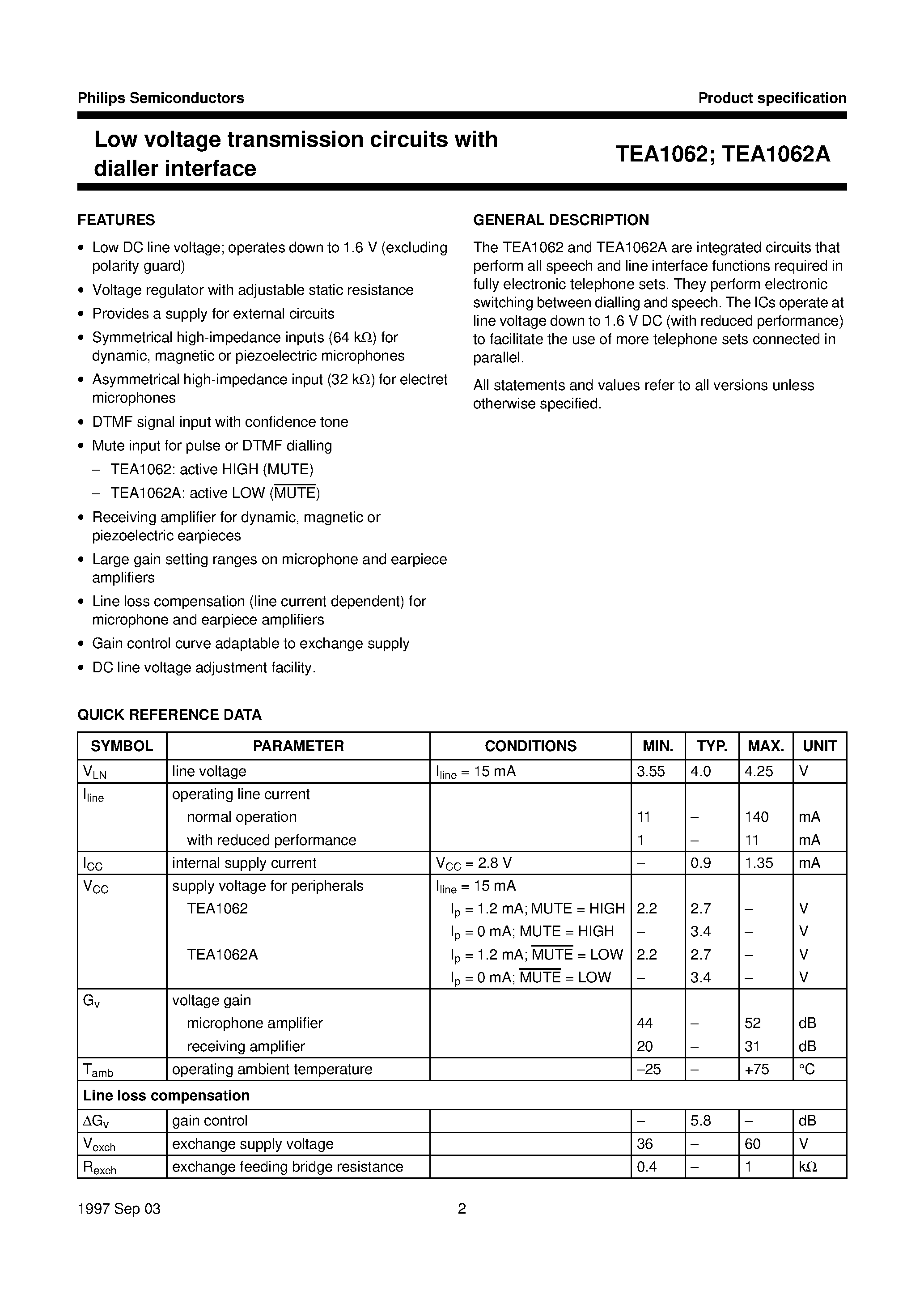 Даташит TEA1062 - Low voltage transmission circuits with dialler interface страница 2