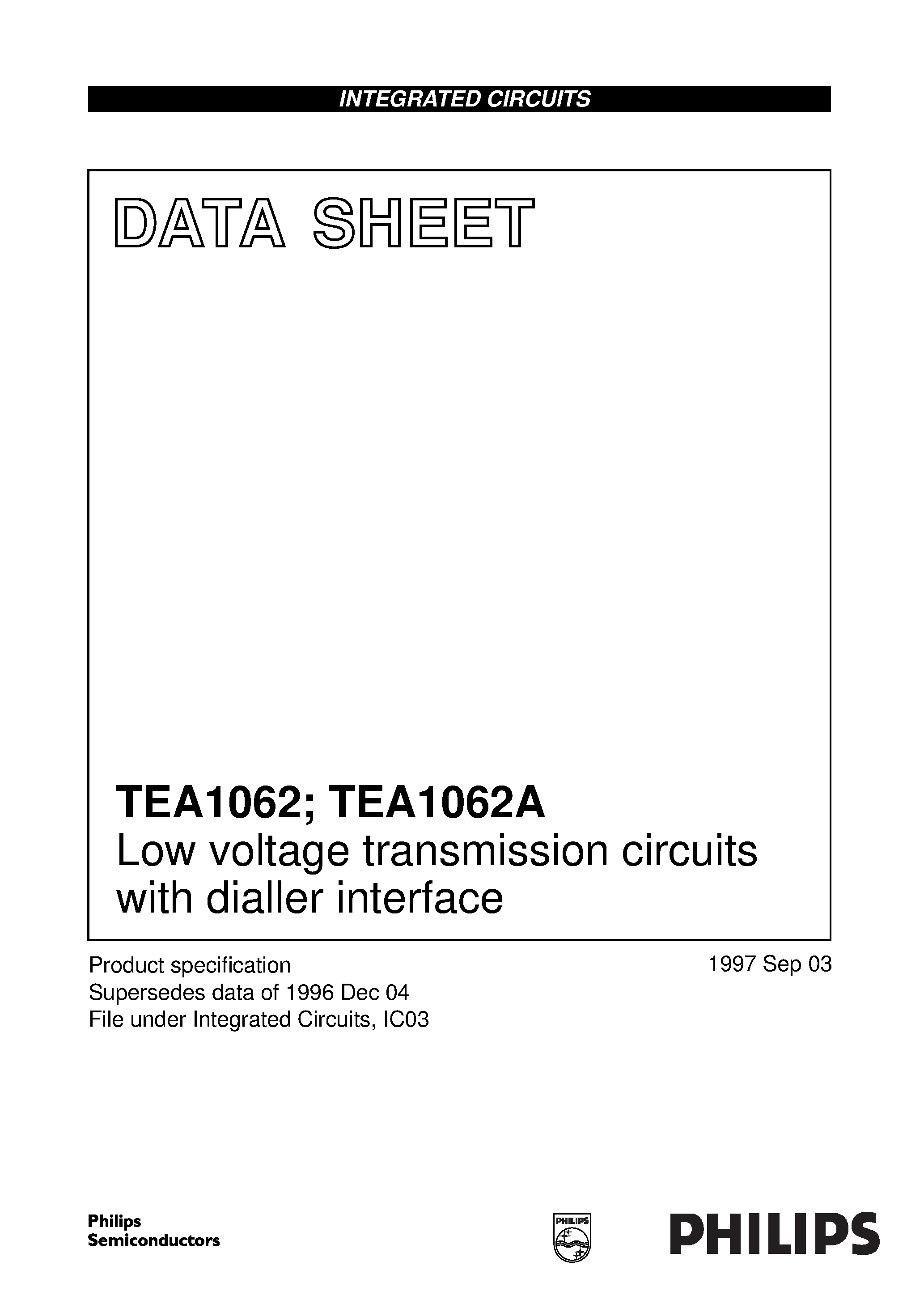 Даташит TEA1062T - Low voltage transmission circuits with dialler interface страница 1