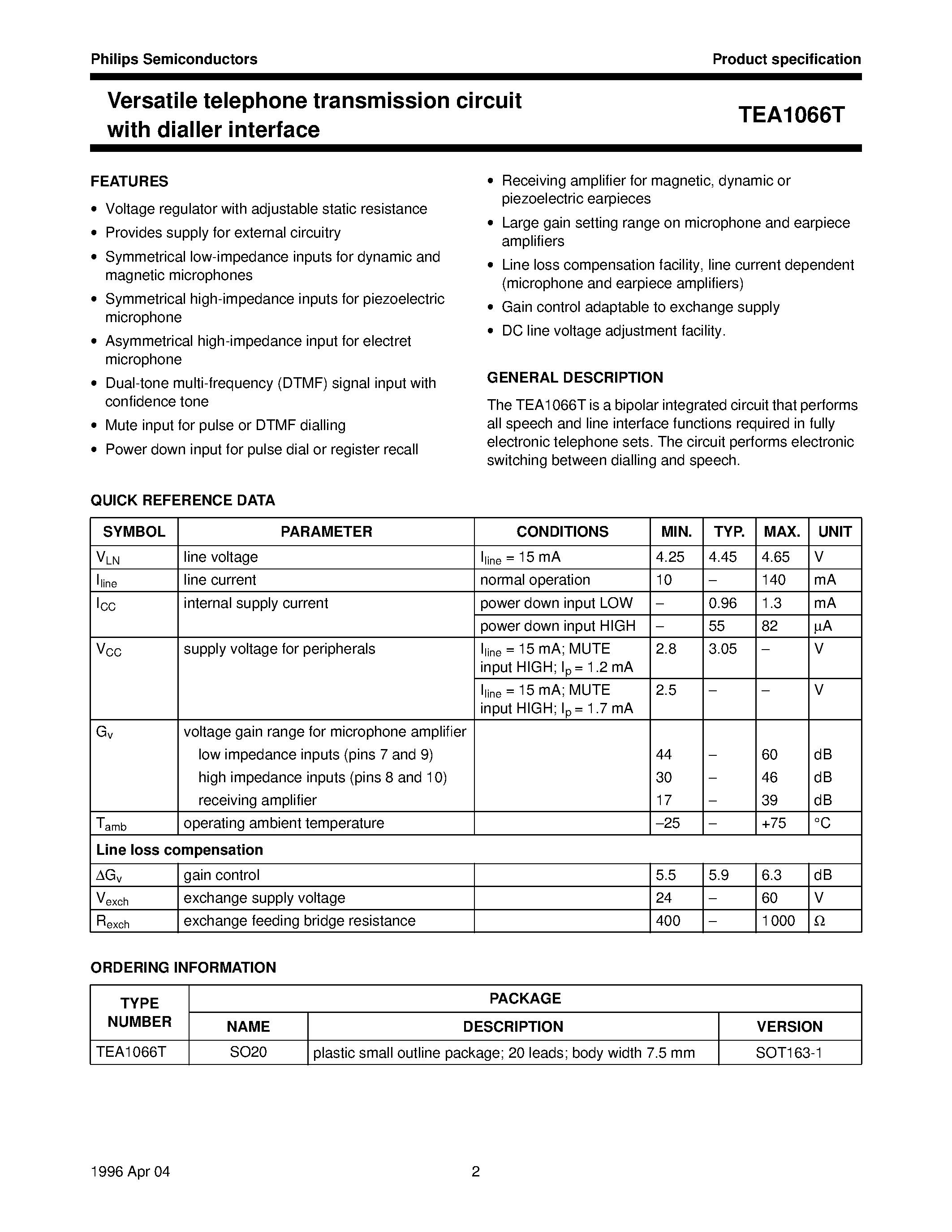 Даташит TEA1066T - Versatile telephone transmission circuit with dialler interface страница 2