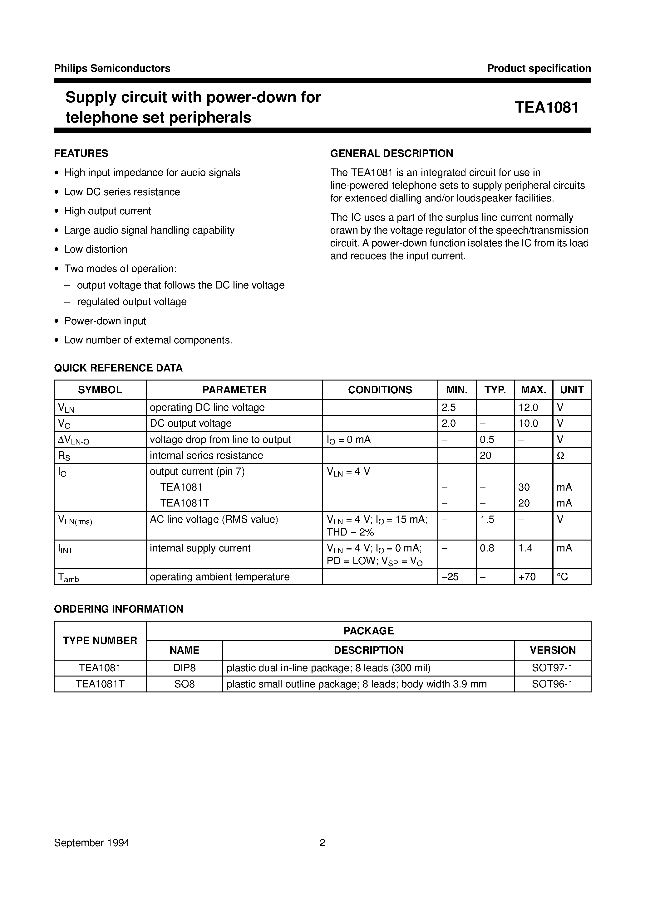 Даташит TEA1081 - Supply circuit with power-down for telephone set peripherals страница 2