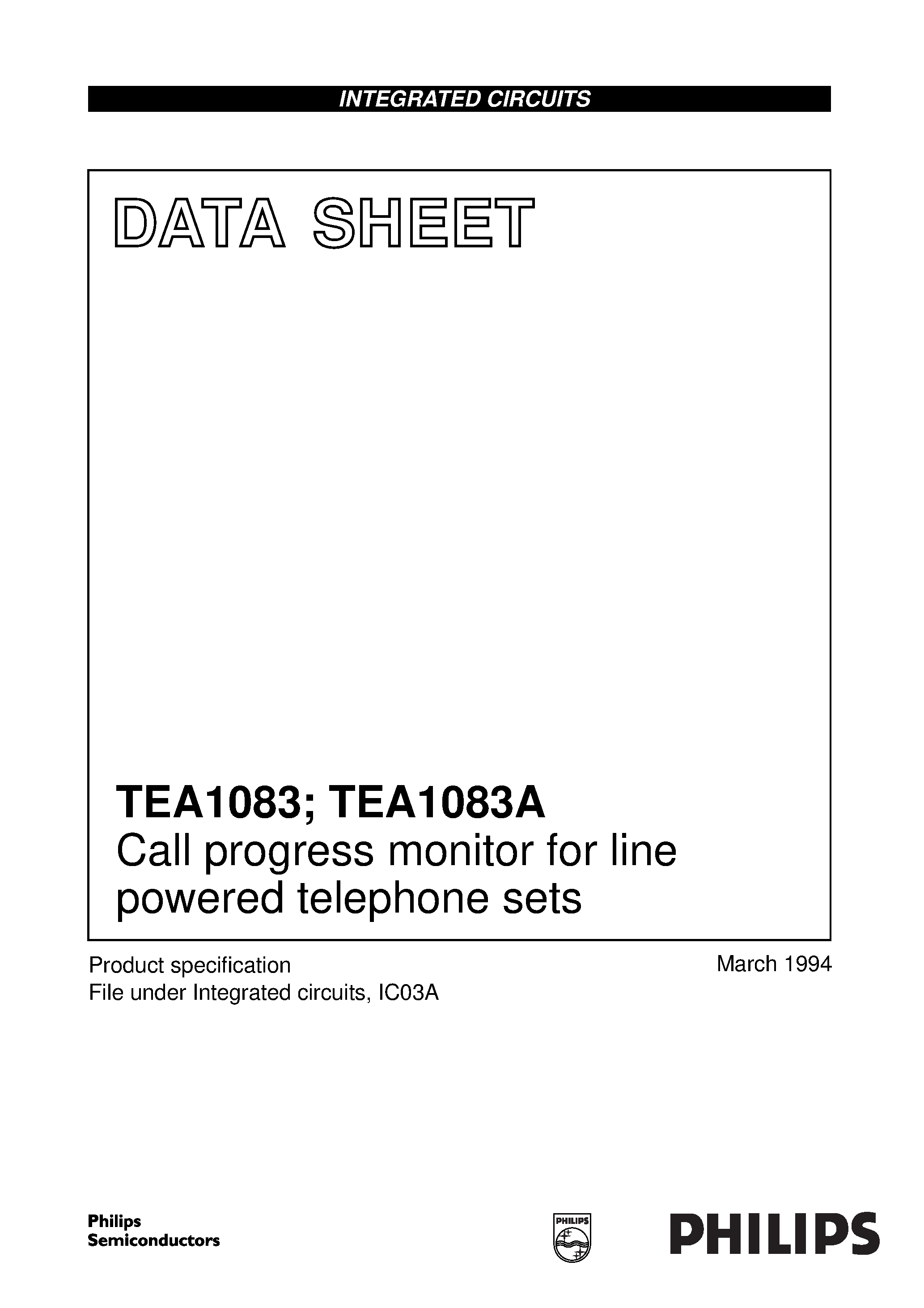 Даташит TEA1083AT - Call progress monitor for line powered telephone sets страница 1