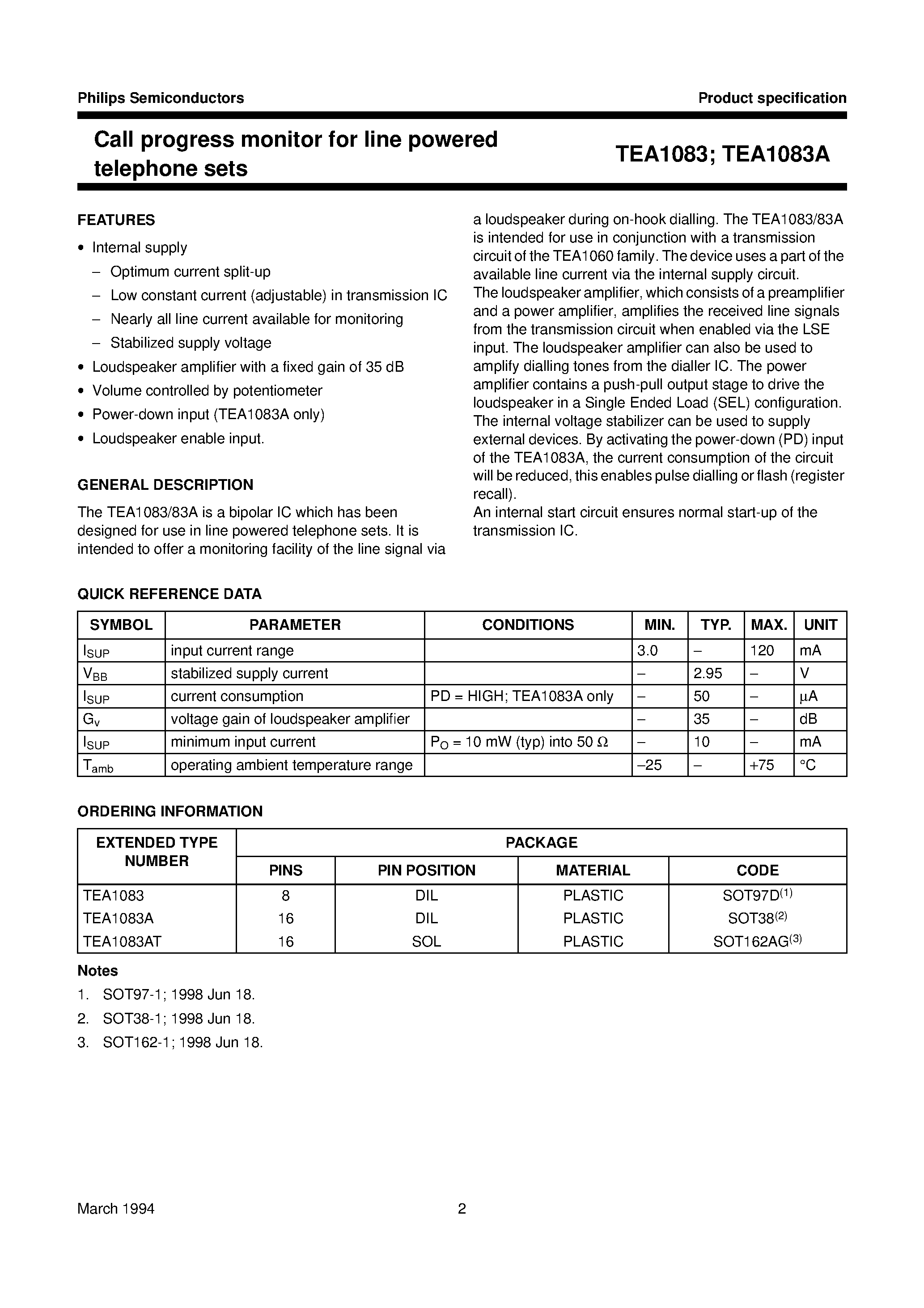 Даташит TEA1083AT - Call progress monitor for line powered telephone sets страница 2