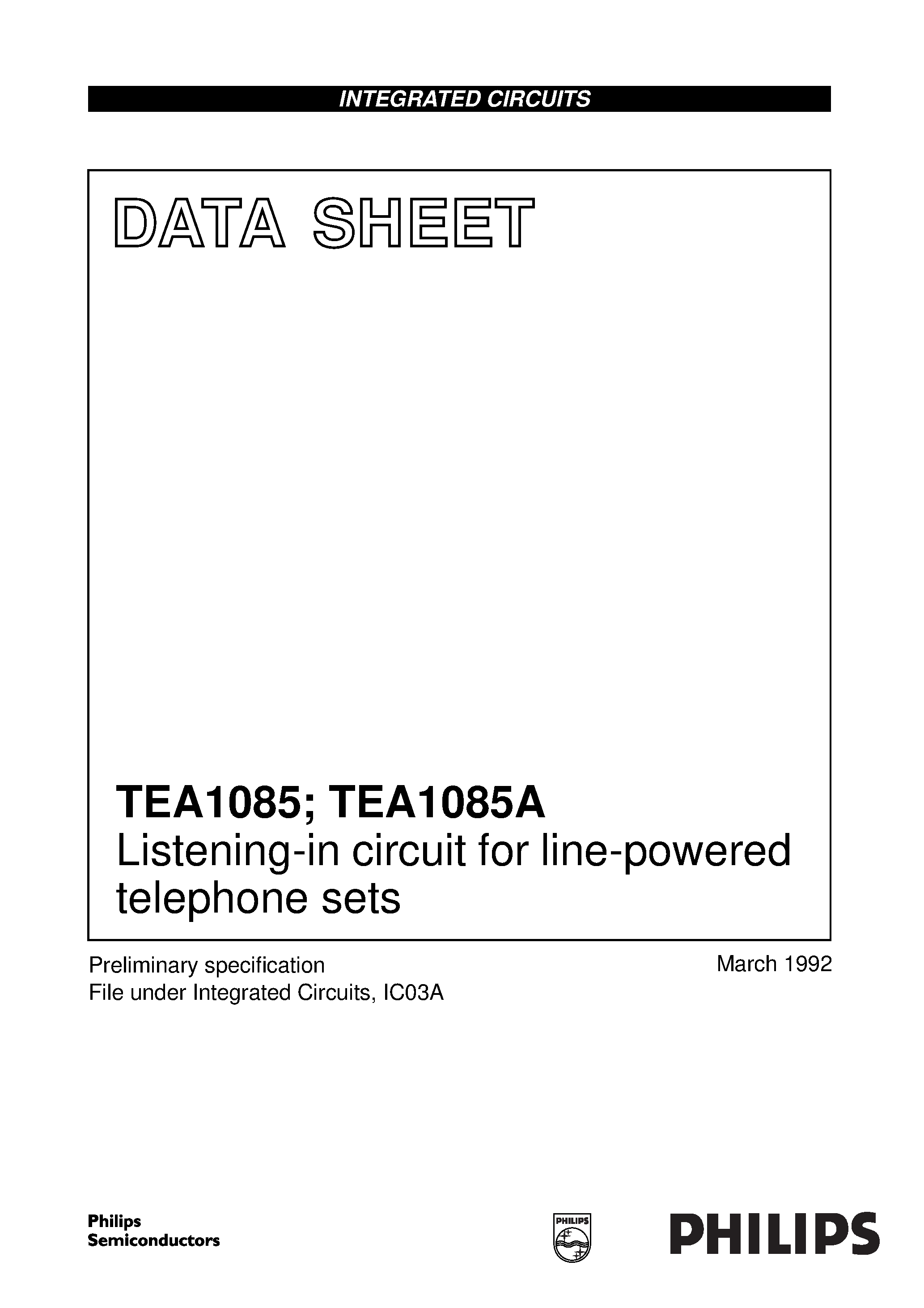 Даташит TEA1085 - Listening-in circuit for line-powered telephone sets страница 1