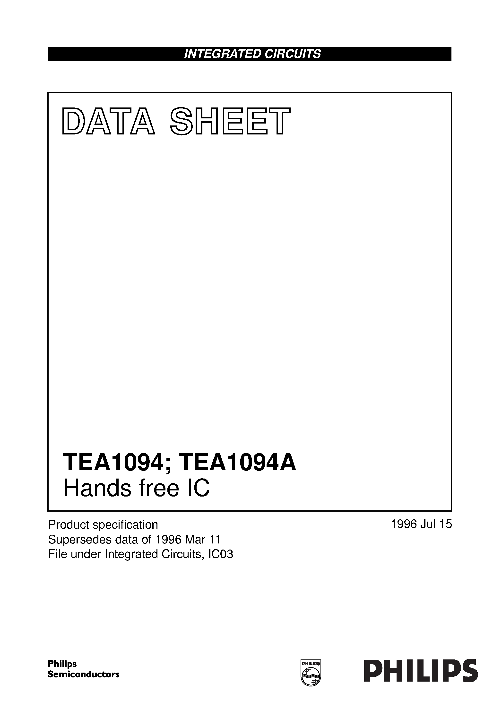 Даташит TEA1094 - Hands free IC страница 1