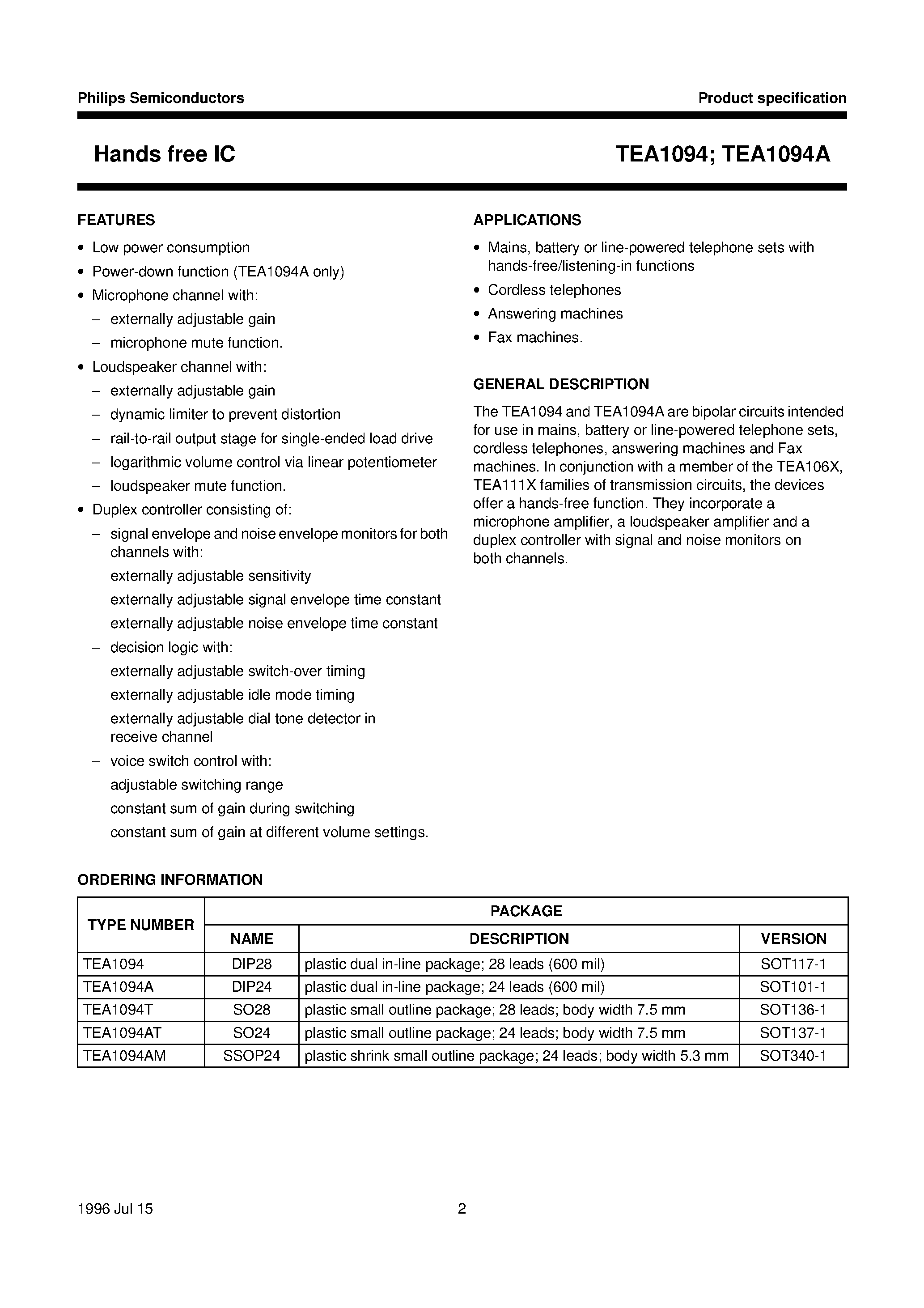 Даташит TEA1094T - Hands free IC страница 2