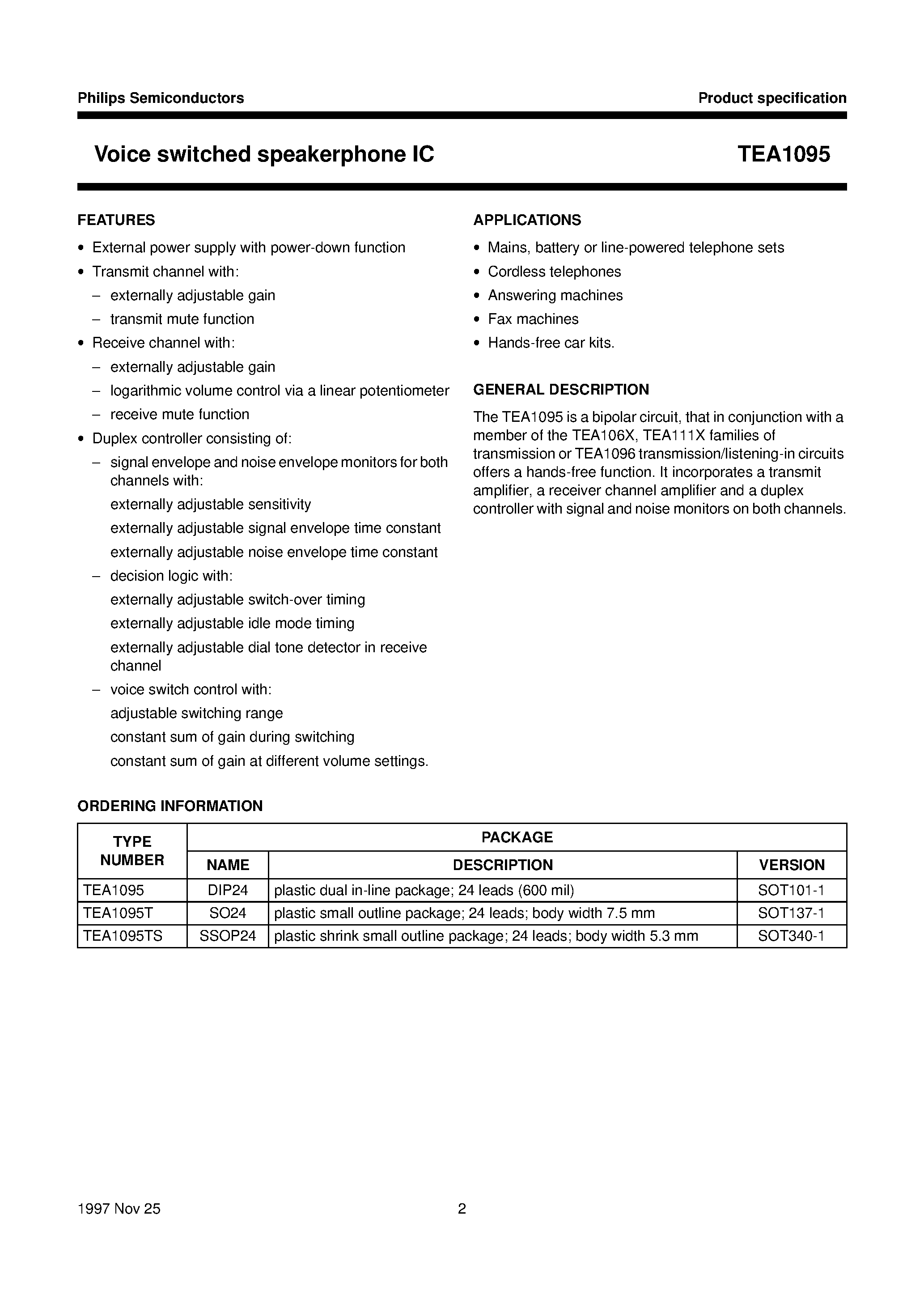 Даташит TEA1095 - Voice switched speakerphone IC страница 2