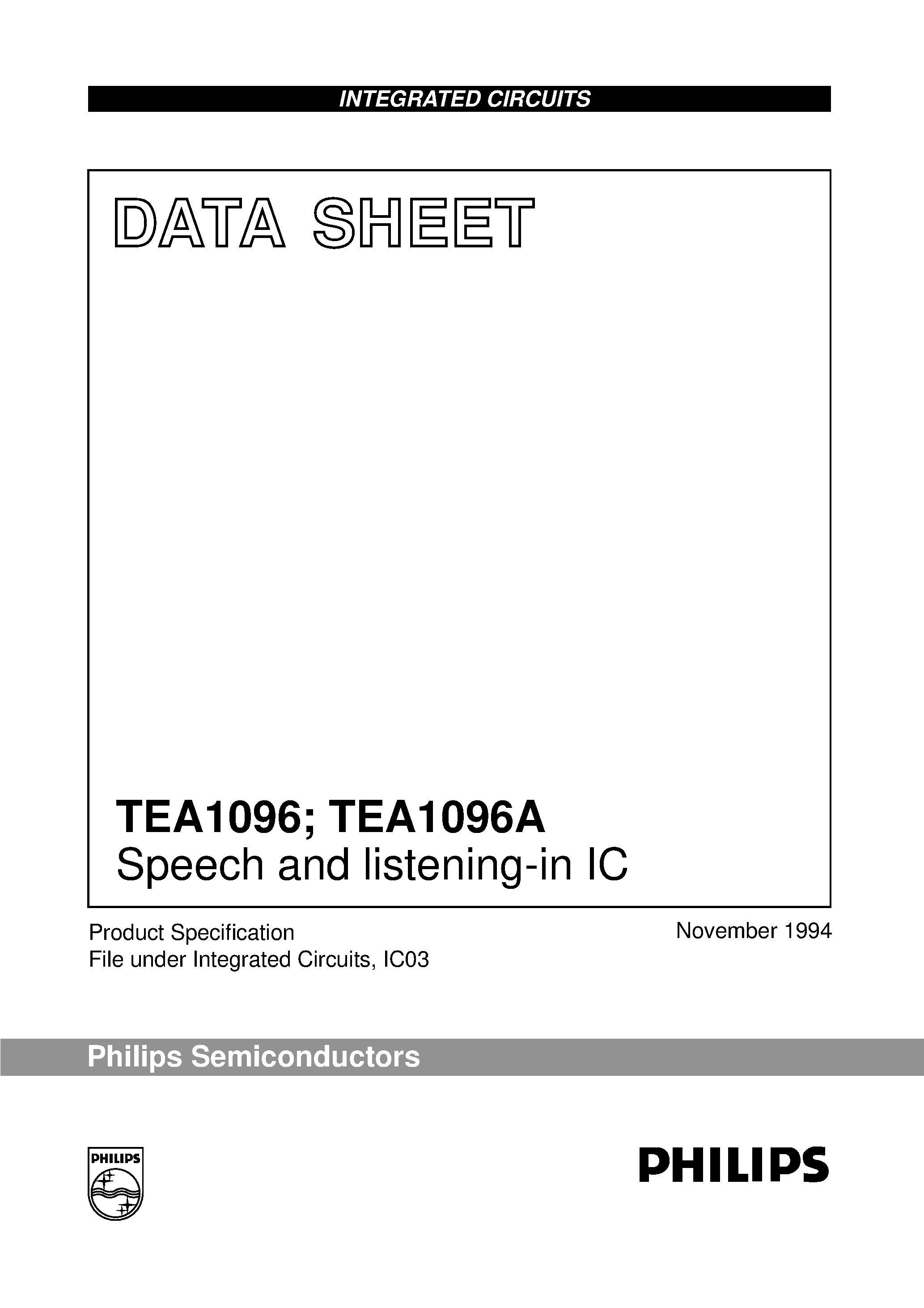 Даташит TEA1096 - Speech and listening-in IC страница 1