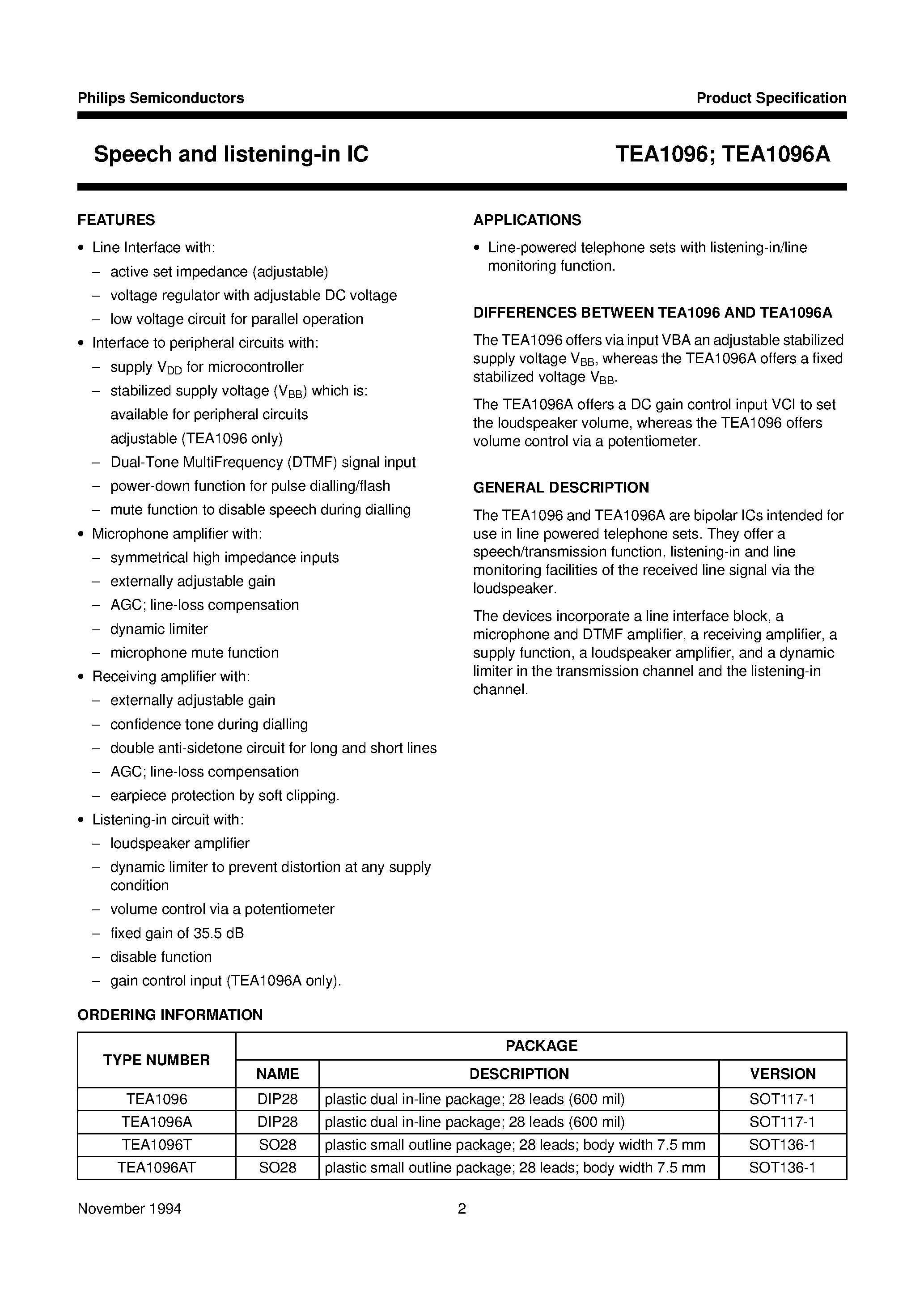 Даташит TEA1096AT - Speech and listening-in IC страница 2