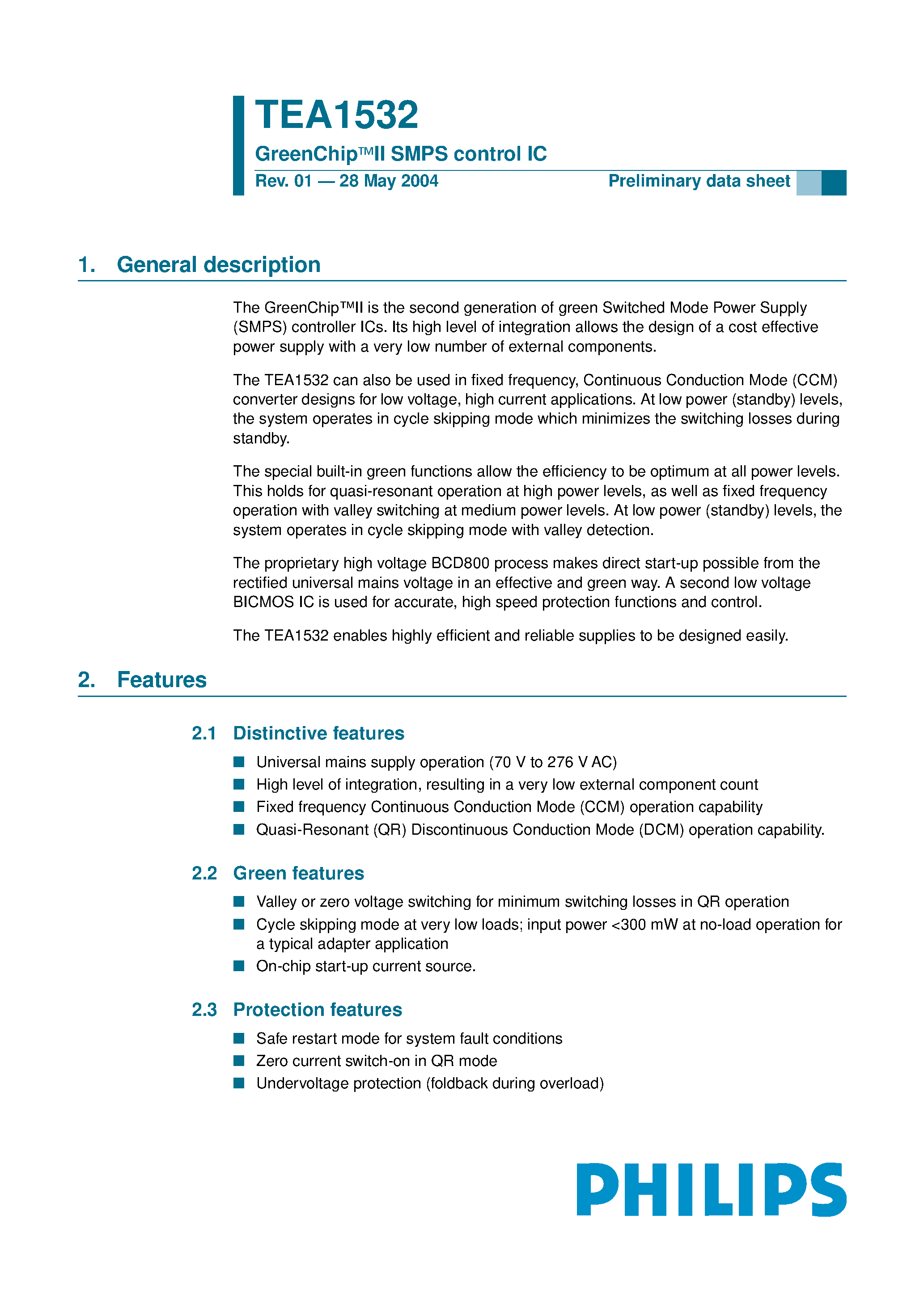 Datasheet TEA1532 - GreenChip SMPS control IC page 1