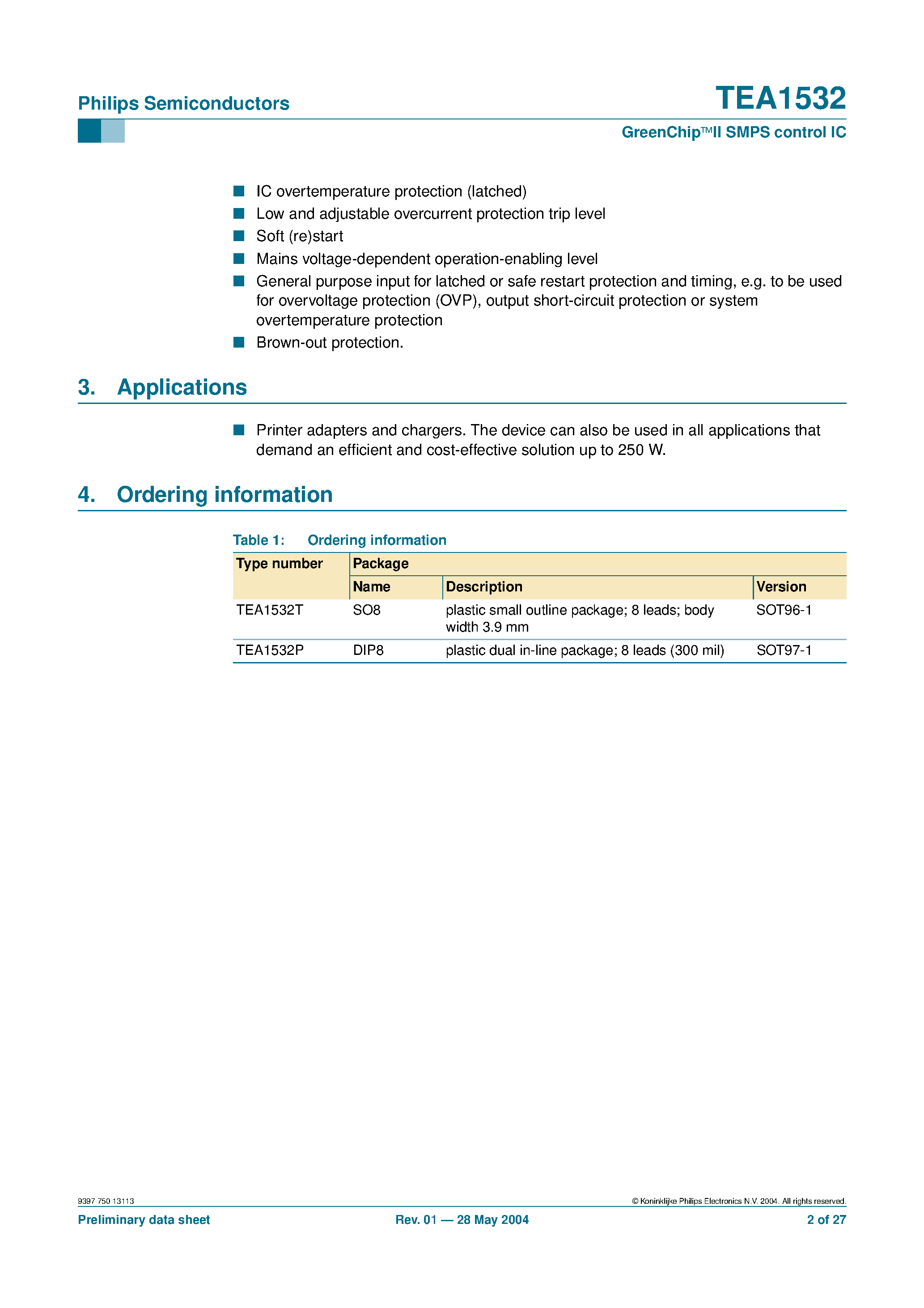 Datasheet TEA1532 - GreenChip SMPS control IC page 2