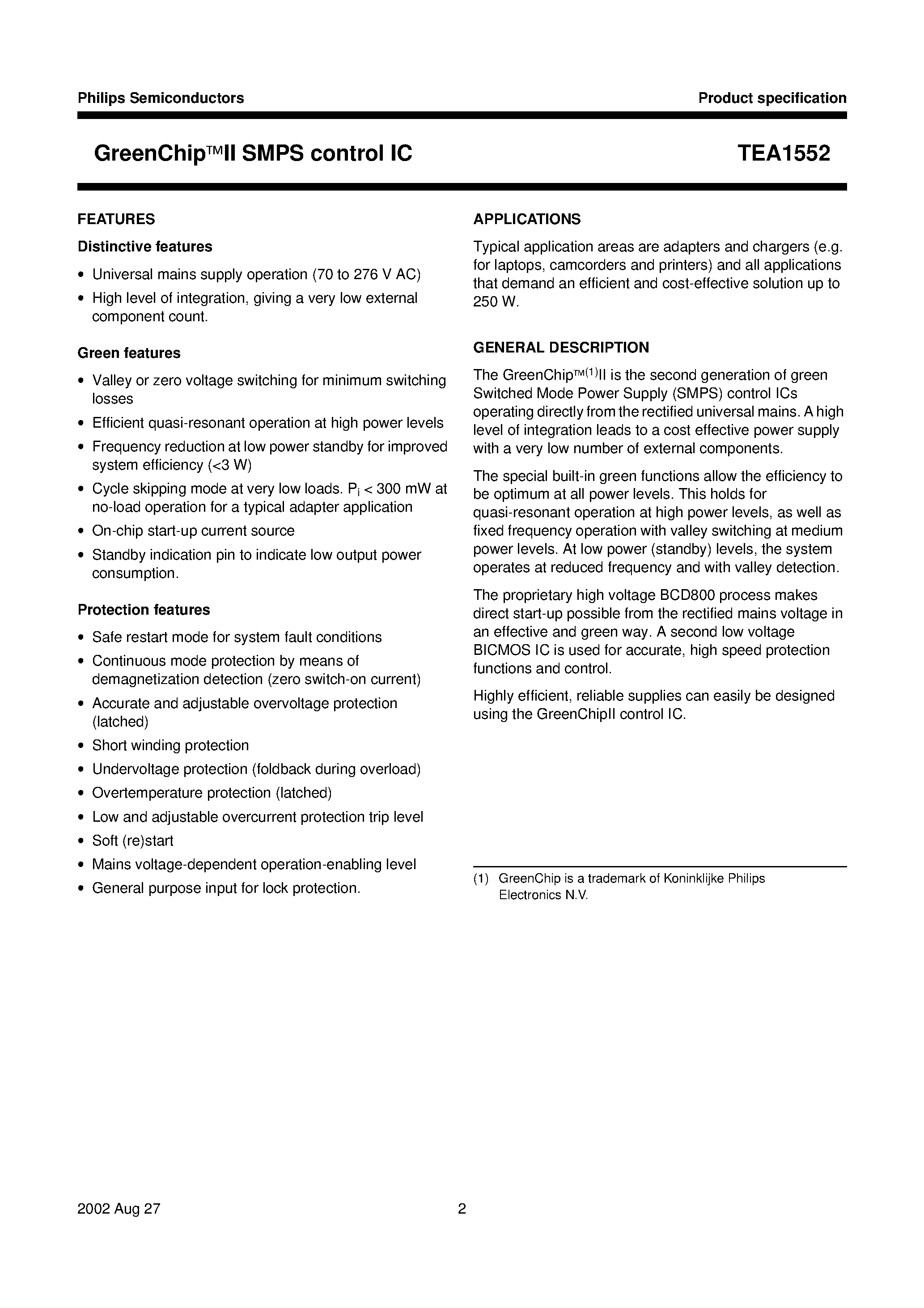 Datasheet TEA1552T - GreenChipII SMPS control IC page 2