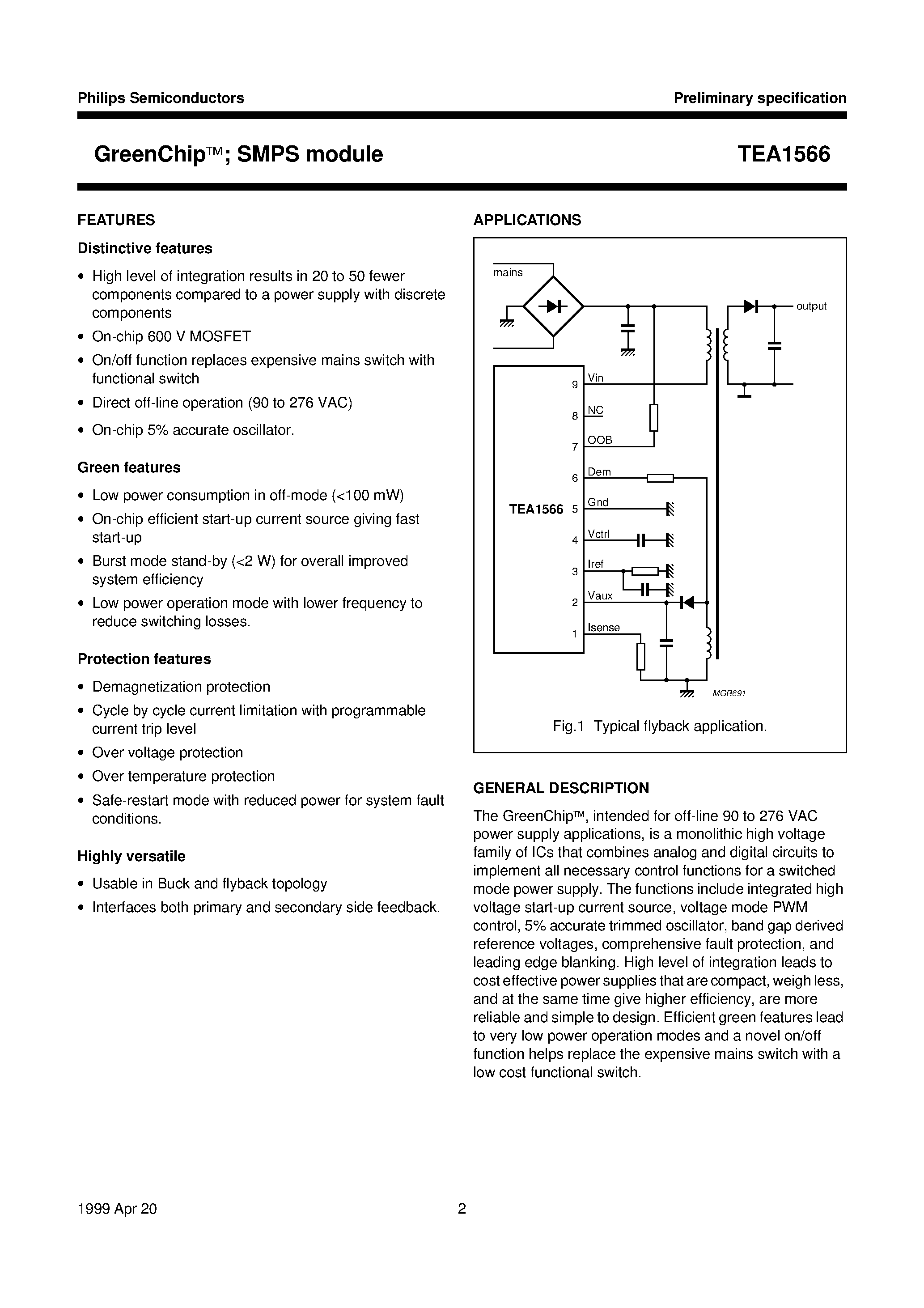 Datasheet TEA1566 - GreenChip; SMPS module page 2