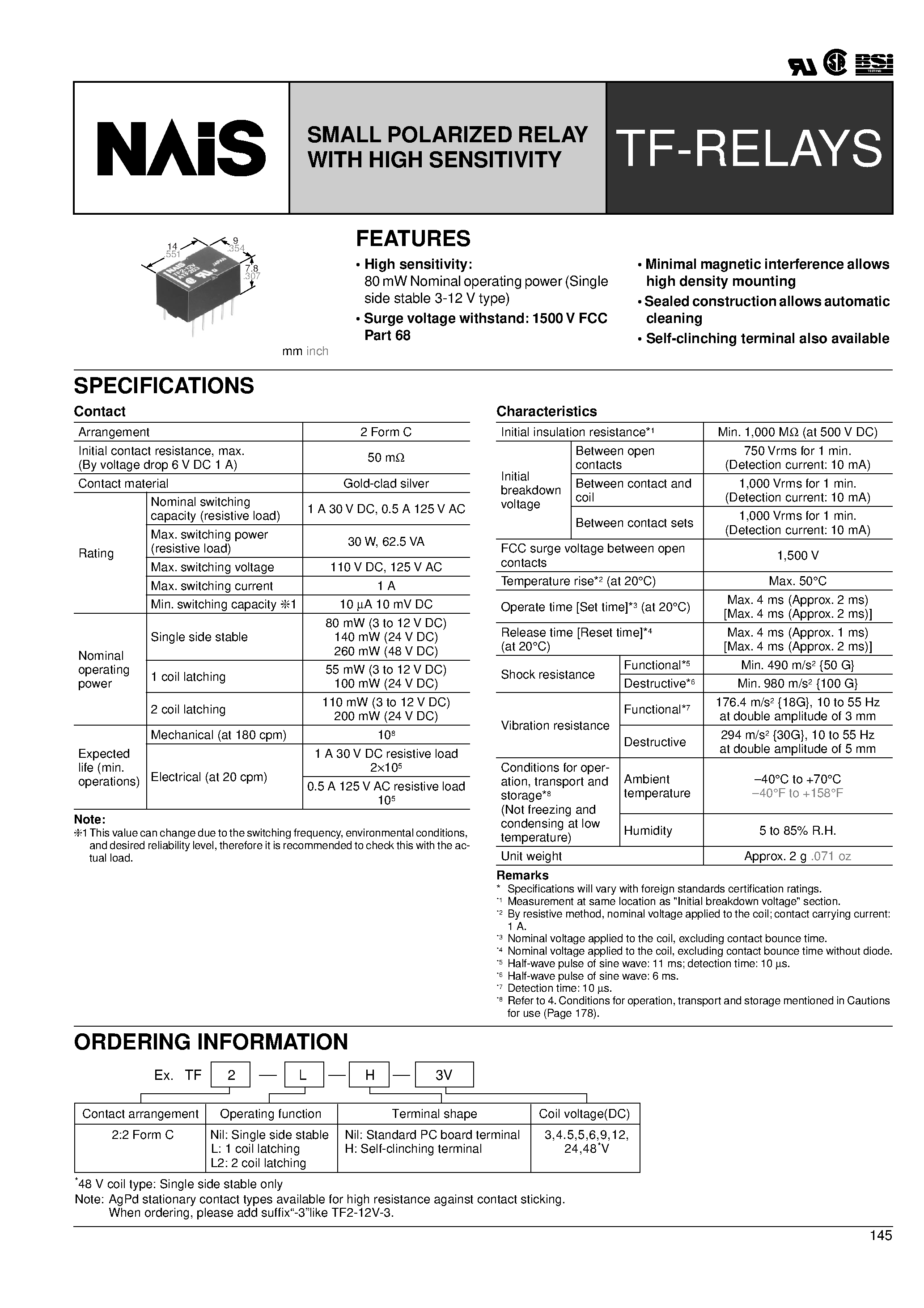 Datasheet TF2-L-12V - SMALL POLARIZED RELAY WITH HIGH SENSITIVITY page 1