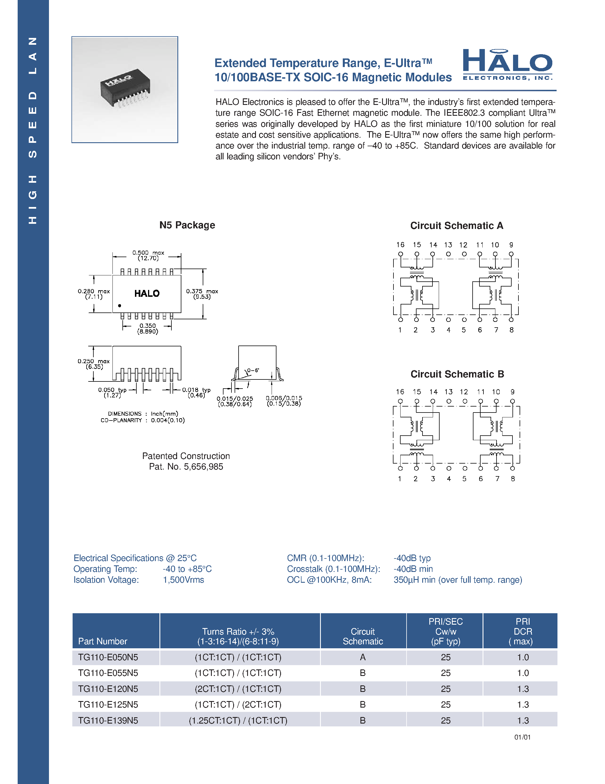 Datasheet TG110-E050N5 - Extended Temperature Range/ E-Ultra 10/100BASE-TX SOIC-16 Magnetic Modules page 1