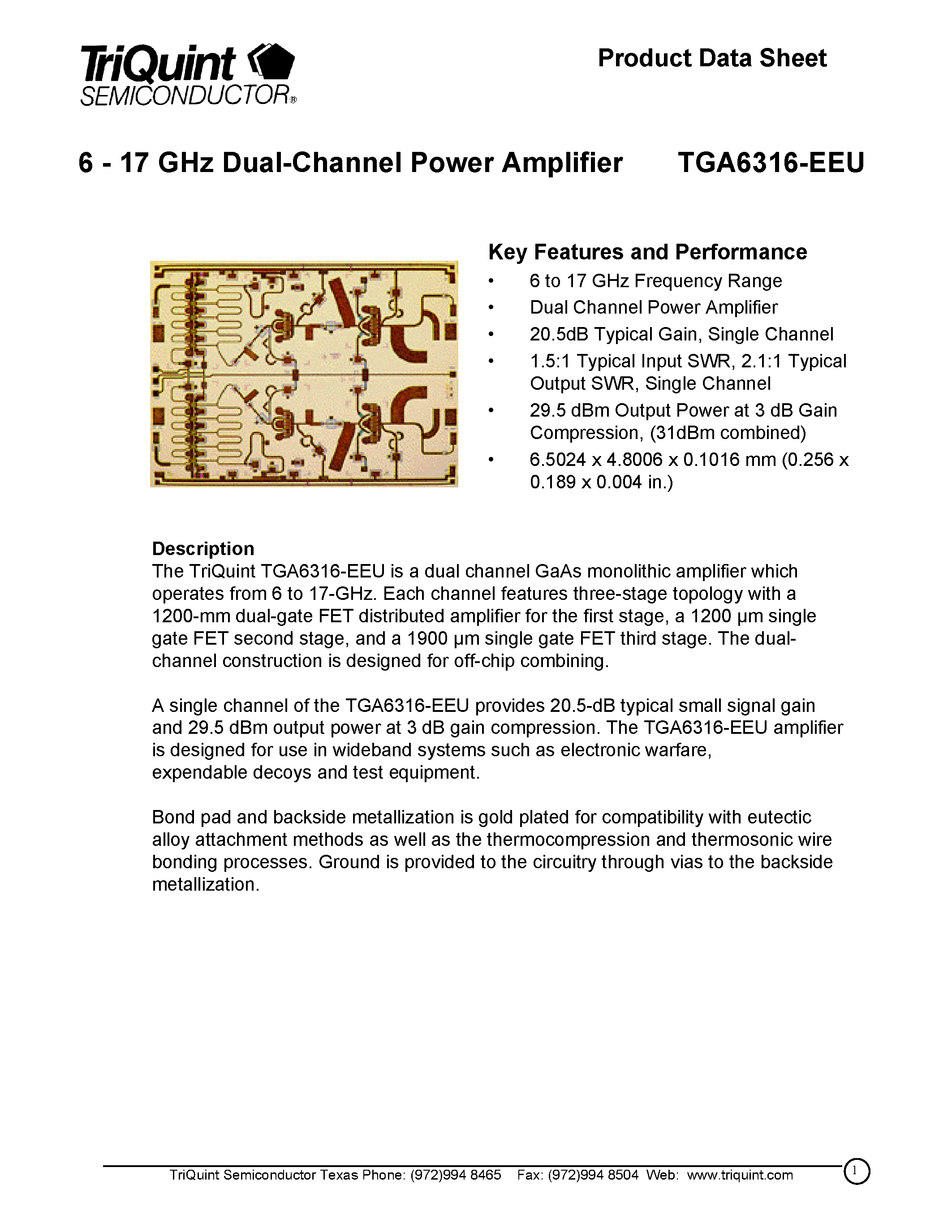 Даташит TGA6316 - 6 - 17 GHz Dual-Channel Power Amplifier страница 1