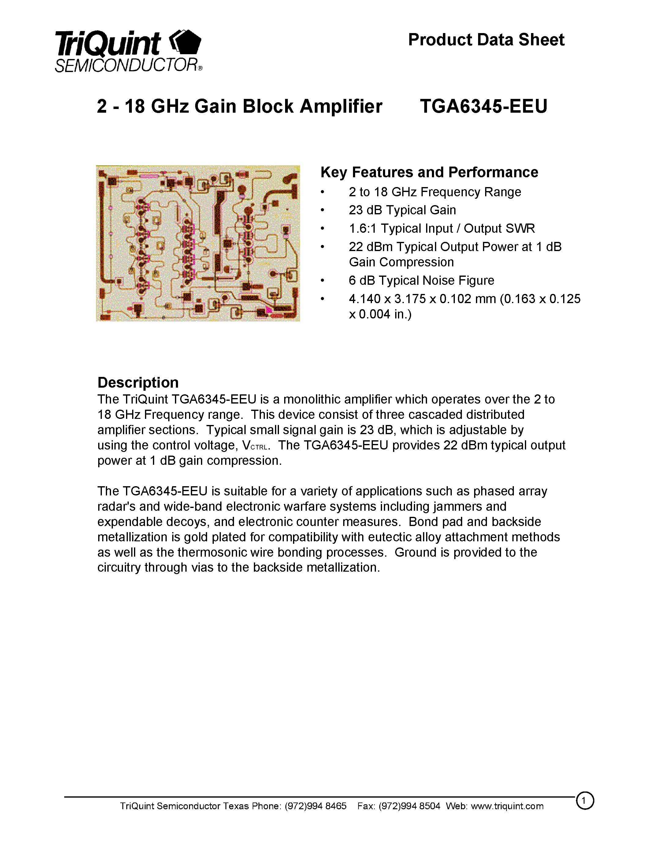 Даташит TGA6345 - 2 - 18 GHz Gain Block Amplifier страница 1