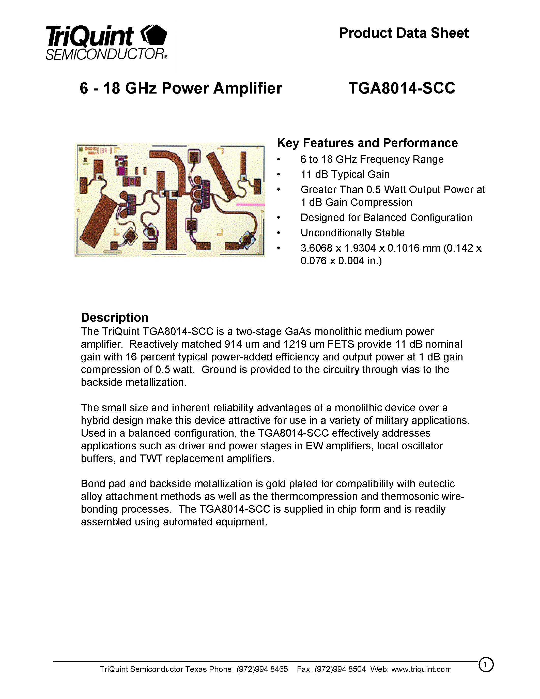 Даташит TGA8014 - 6 - 18 GHz Power Amplifier страница 1