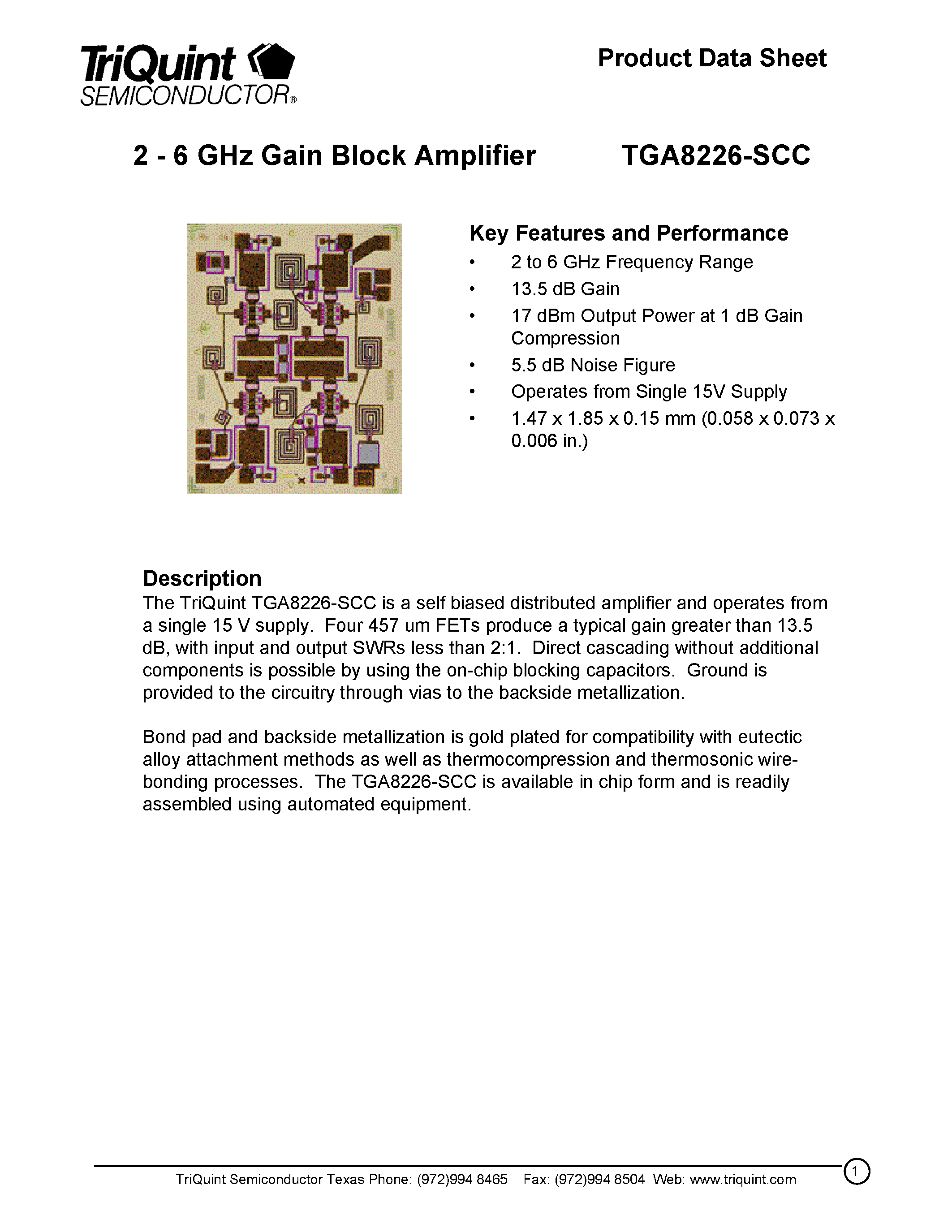 Даташит TGA8226 - 2 - 6 GHz Gain Block Amplifier страница 1