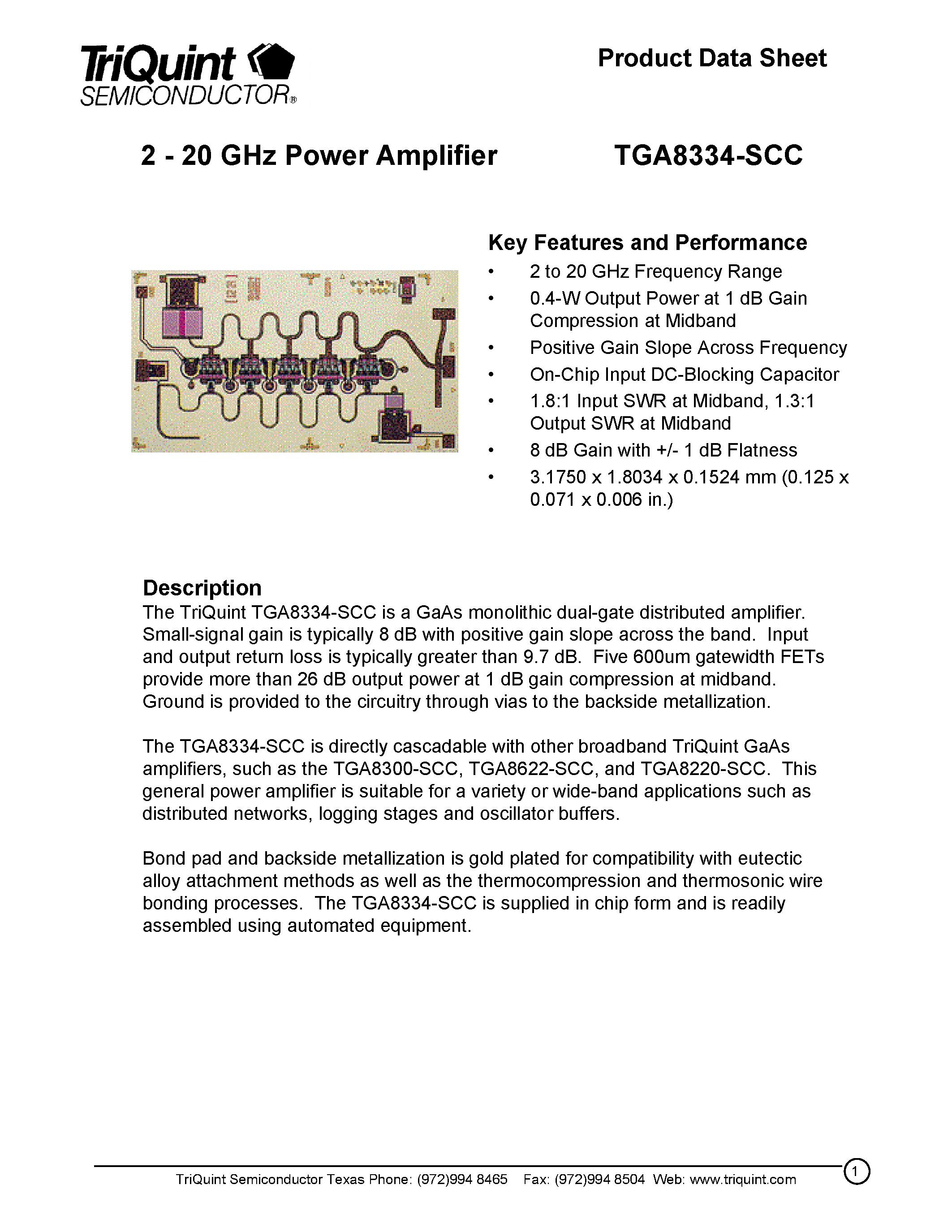 Даташит TGA8334 - 2 - 20 GHz Power Amplifier страница 1