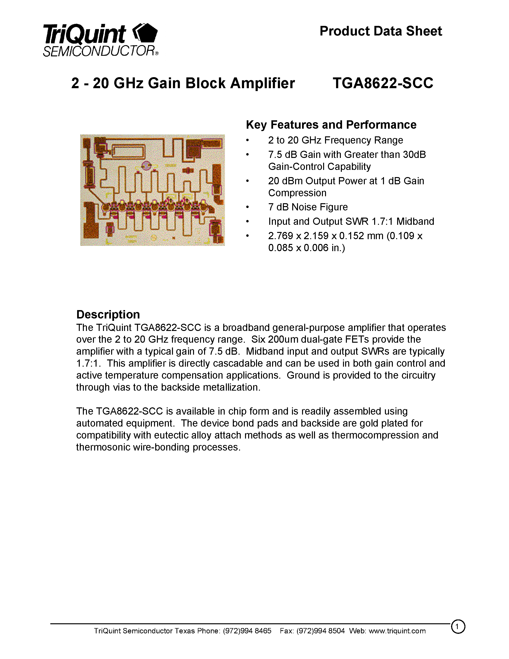 Даташит TGA8622-SCC - 2 - 20 GHz Gain Block Amplifier страница 1
